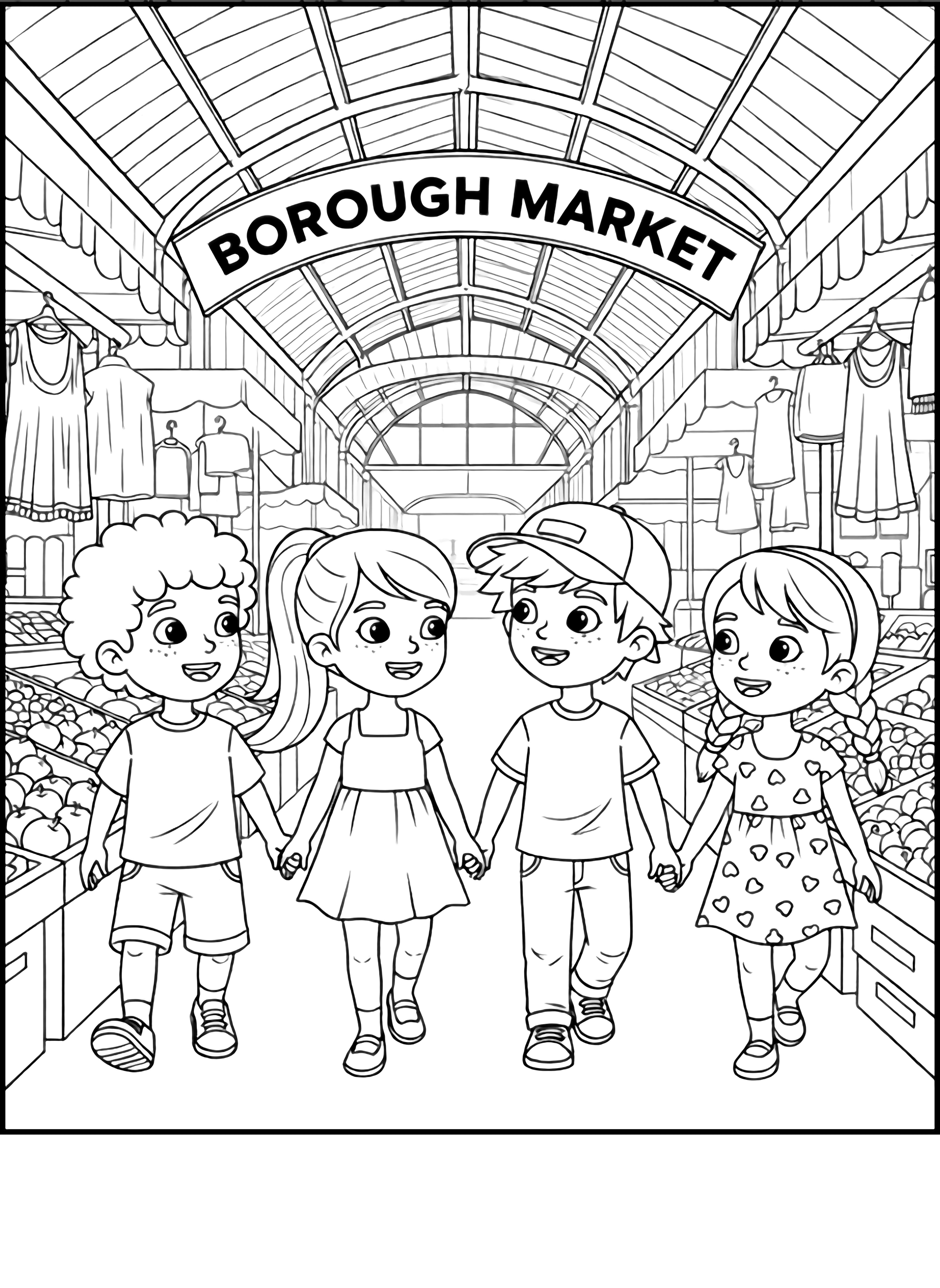 illustration on a Four happy children with distinct hairstyles and simple travel clothes stroll through a busy marketplace outlines of market stalls around them smiling faces and open eyes looking at each other and the scene clean black kleurplaat