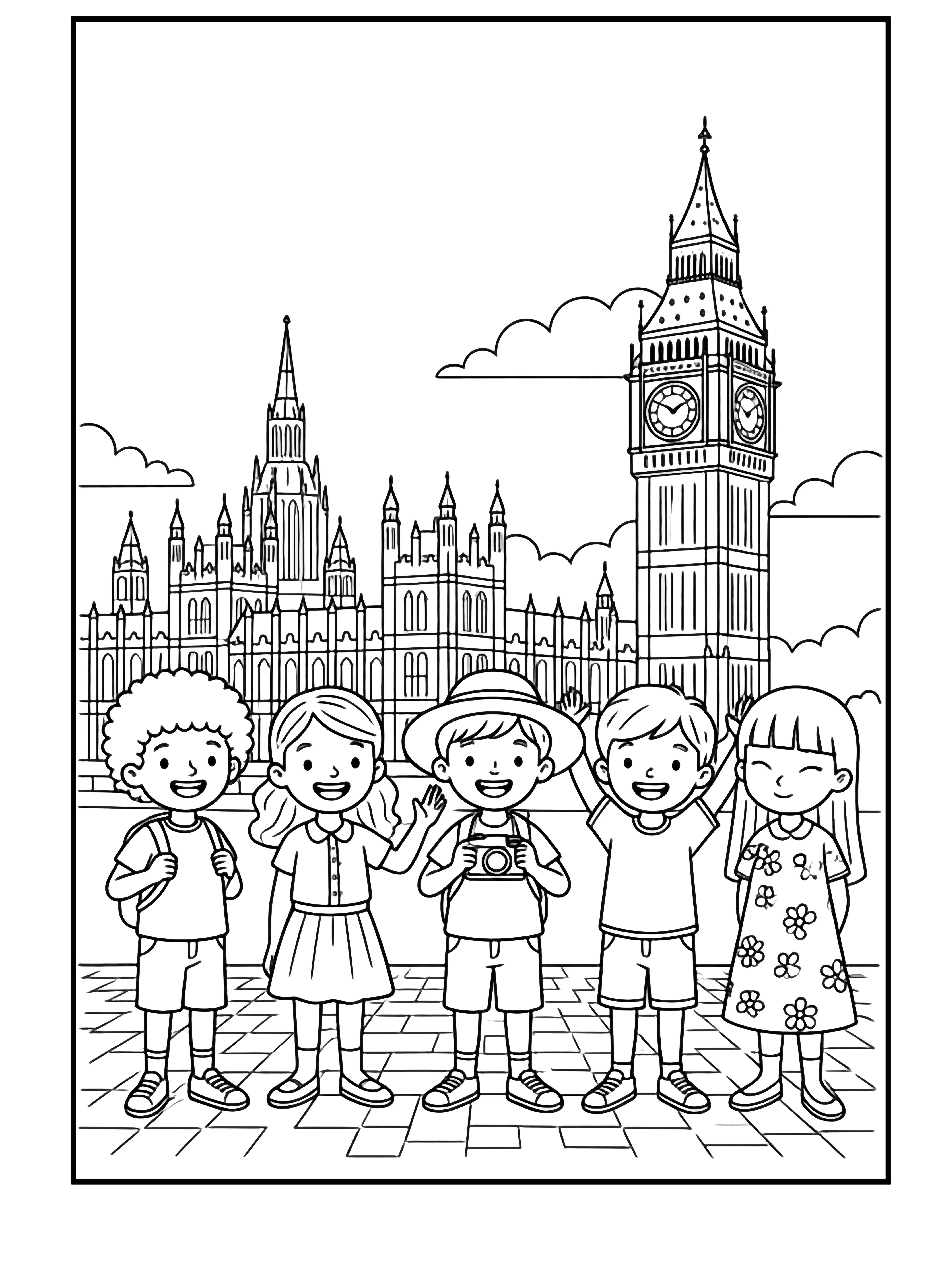 A black and white page showing five cheerful children of different nationalities standing together in front of the iconic Palace of Westminster and Big Ben Each child has distinct features one has curly hair and wears a backpack another wears a sun hat one holds a camera another waves joyfully and the fifth makes a clean black and white line drawing minimal shading no colour no fill kleurplaat