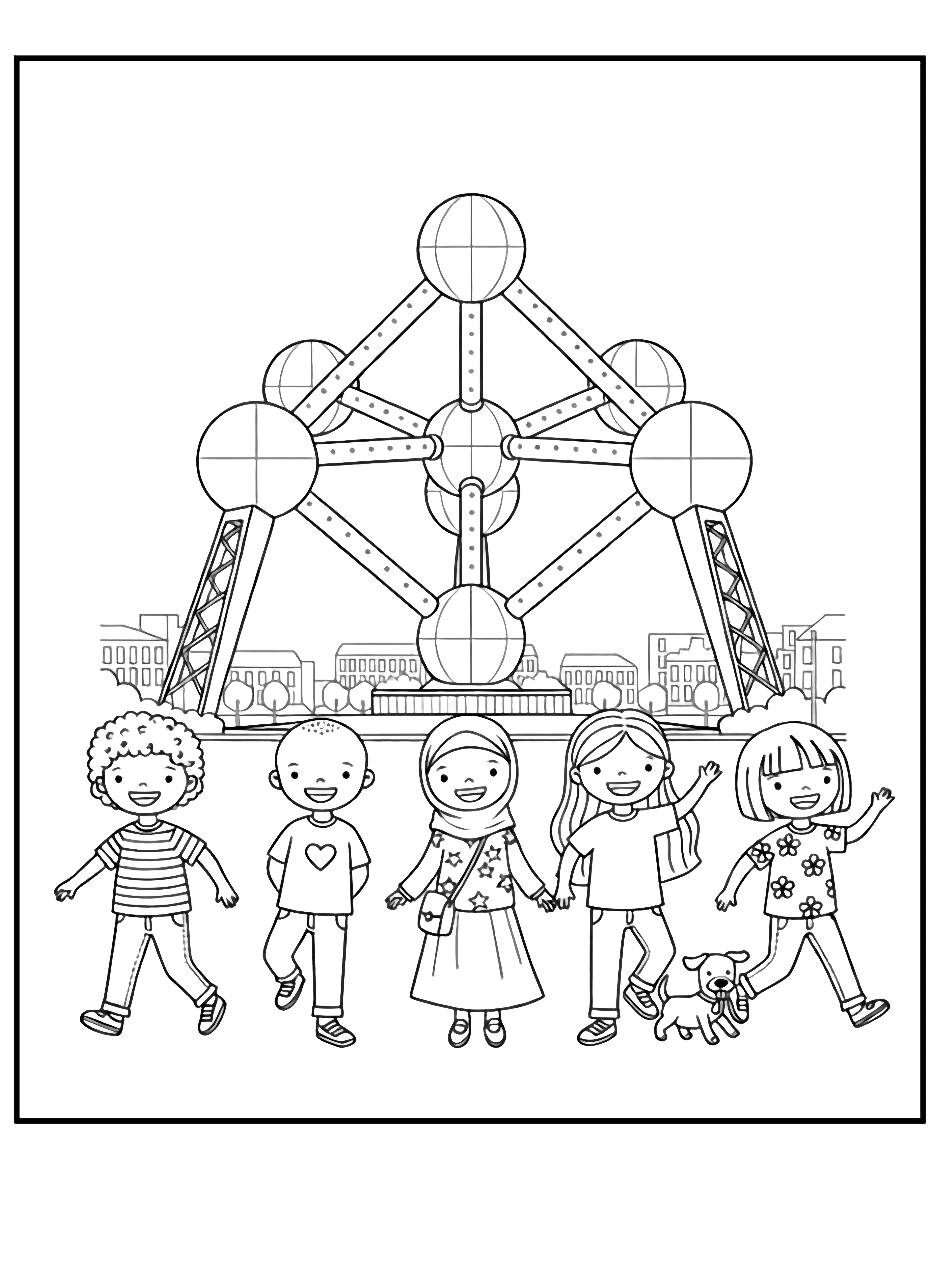 A black and white page showing five happy children from around the world standing beneath Belgium's magnificent Atomium Each child has unique features and traditional clothing details one wears a tiny beret another has beautiful braided hair with bows one carries a small cloth bag another has a friendly dog on a leash and clean black and white line drawing minimal shading no colour no fill kleurplaat