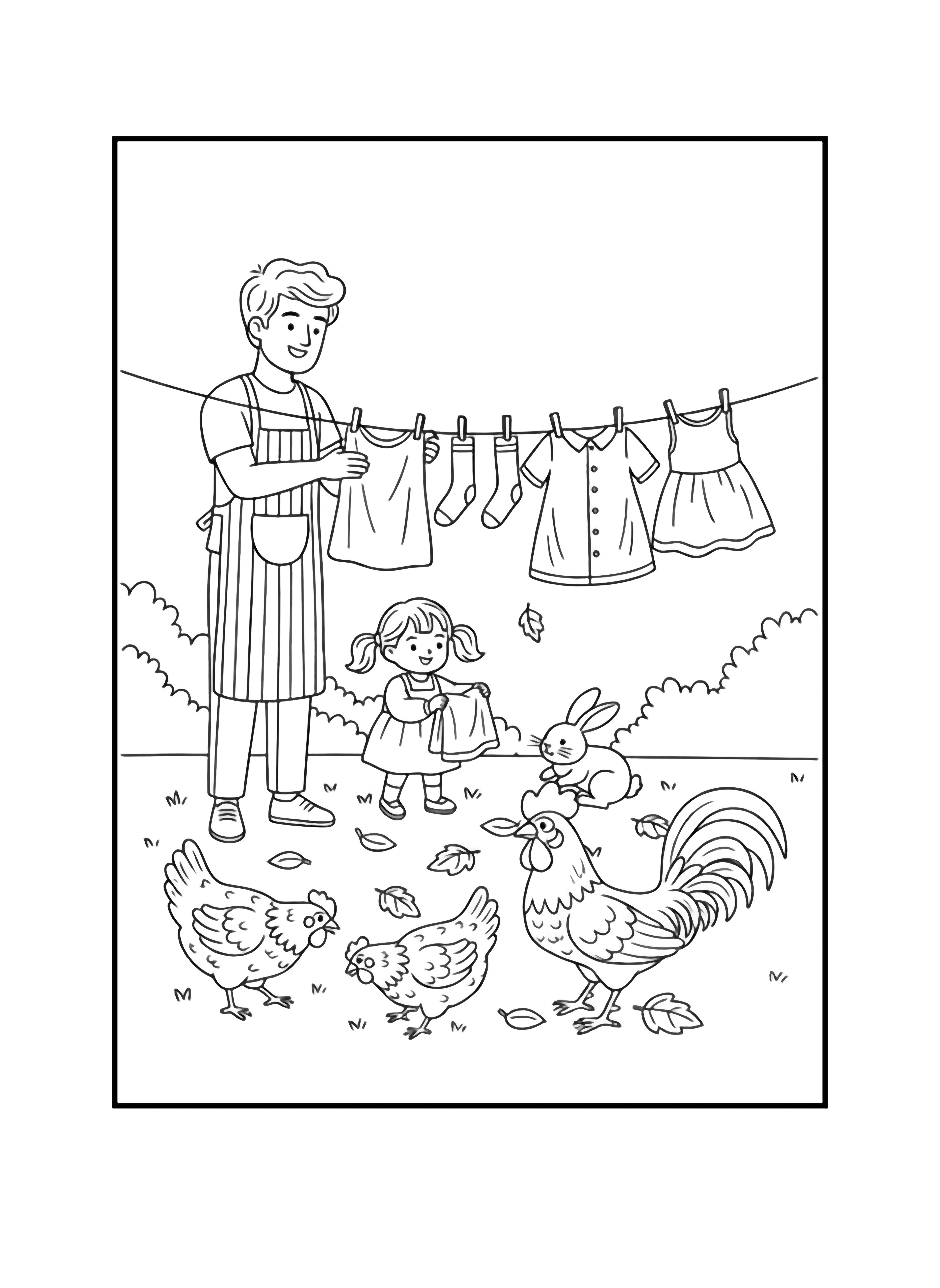 A black and white page of a cheerful autumn garden scene In the foreground fluffy hens with detailed feather patterns peck at fallen leaves while adorable rabbits hop playfully between them A smiling father and his young daughter hang freshly washed clothes on a simple rope line that stretches across the garden The little girl stands clean black and white line drawing minimal shading no colour no fill kleurplaat