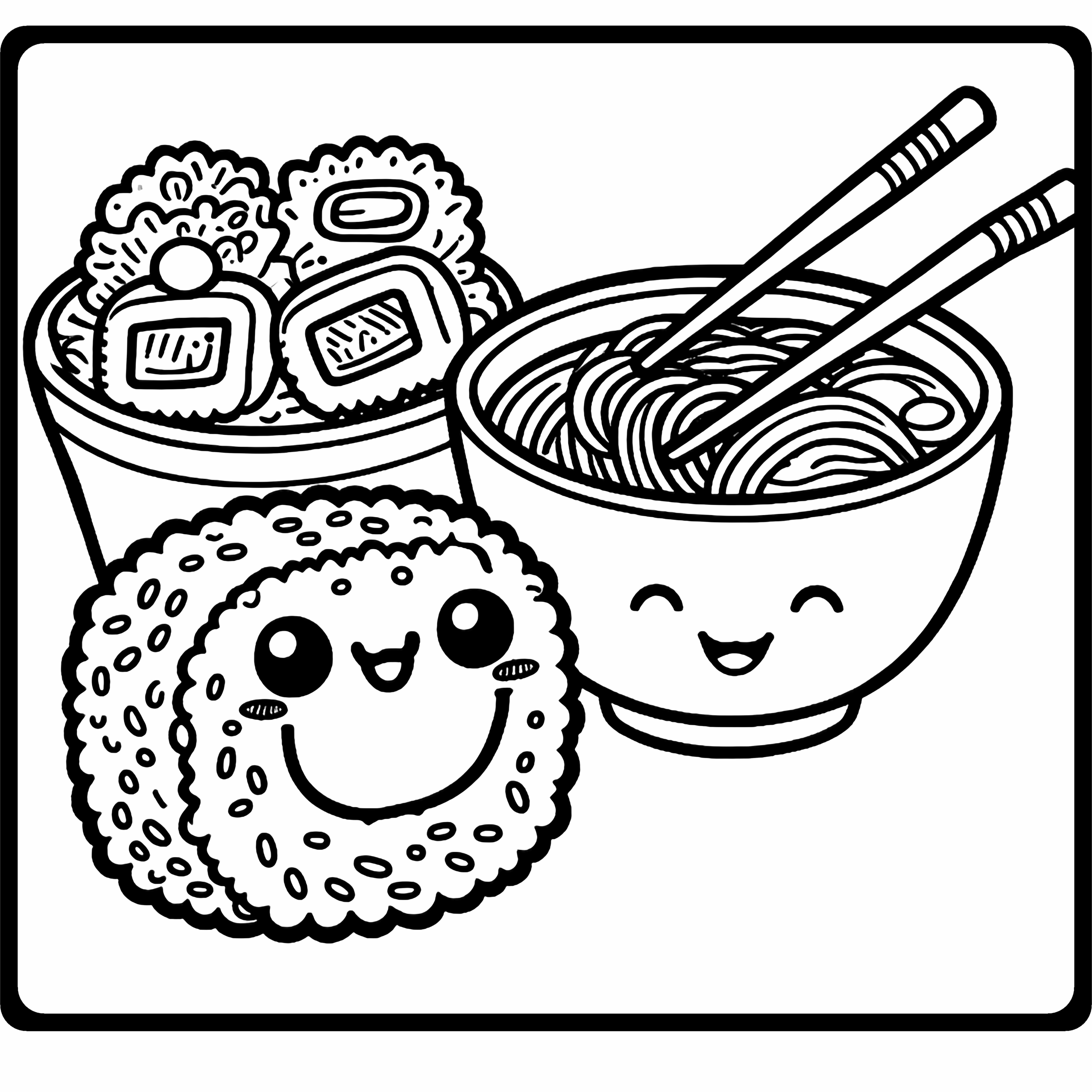 Een kleurplaat met schattige, lachende sushikarakters: een grote sushirol en een garnaal, samen met kommen sushi en noedels met eetstokjes, allemaal in een charmante, cartoonstijl.