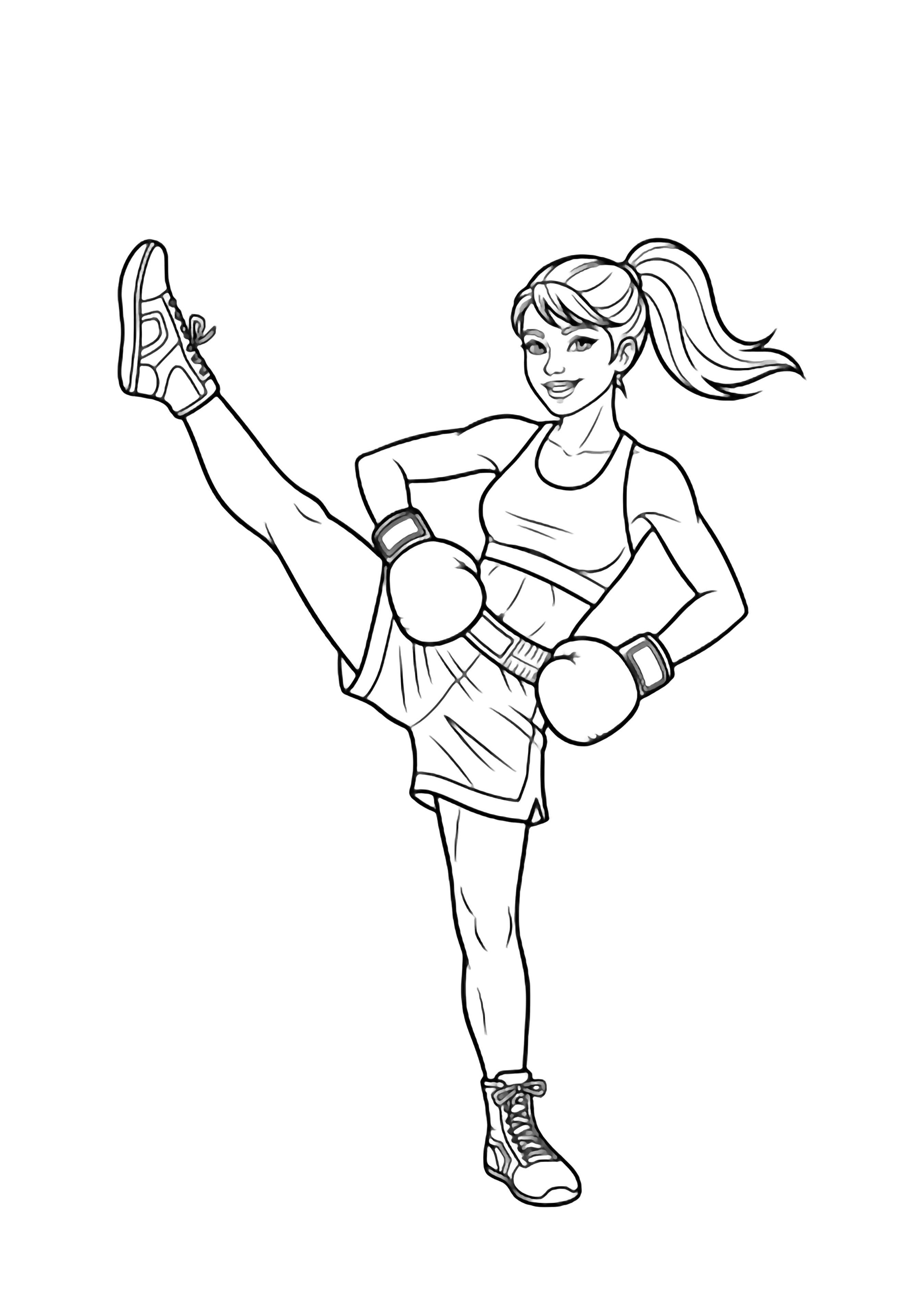 A smiling kickboxer balances on one leg, stretching the other high forward, ponytail swinging, gloved hands on hips. kleurplaat