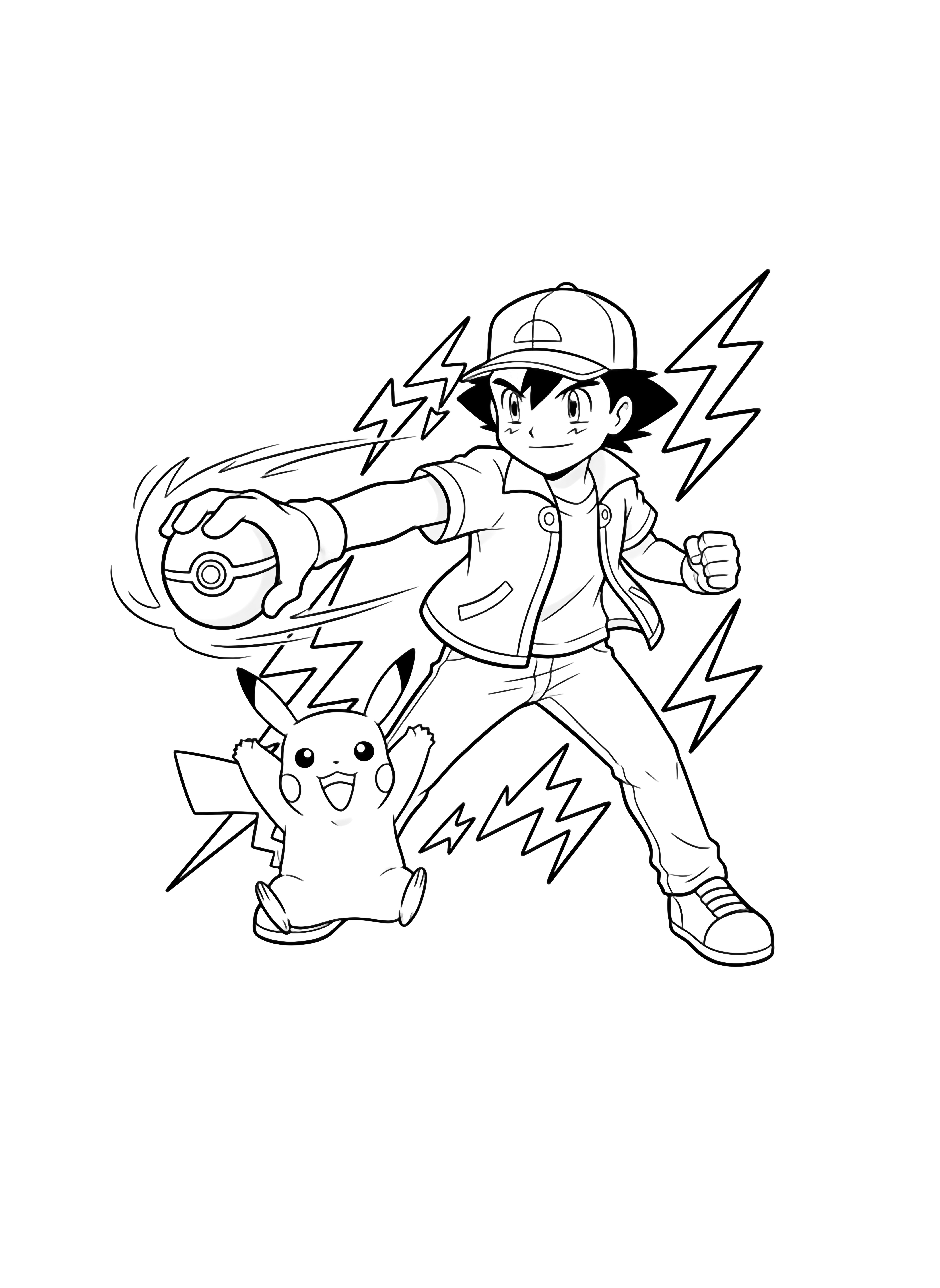 Ash Ketchum mid-throw, cap reversed, gloved hand launching a Pok Ball while Pikachu cheers beside him amid zig-zag lightning. kleurplaat