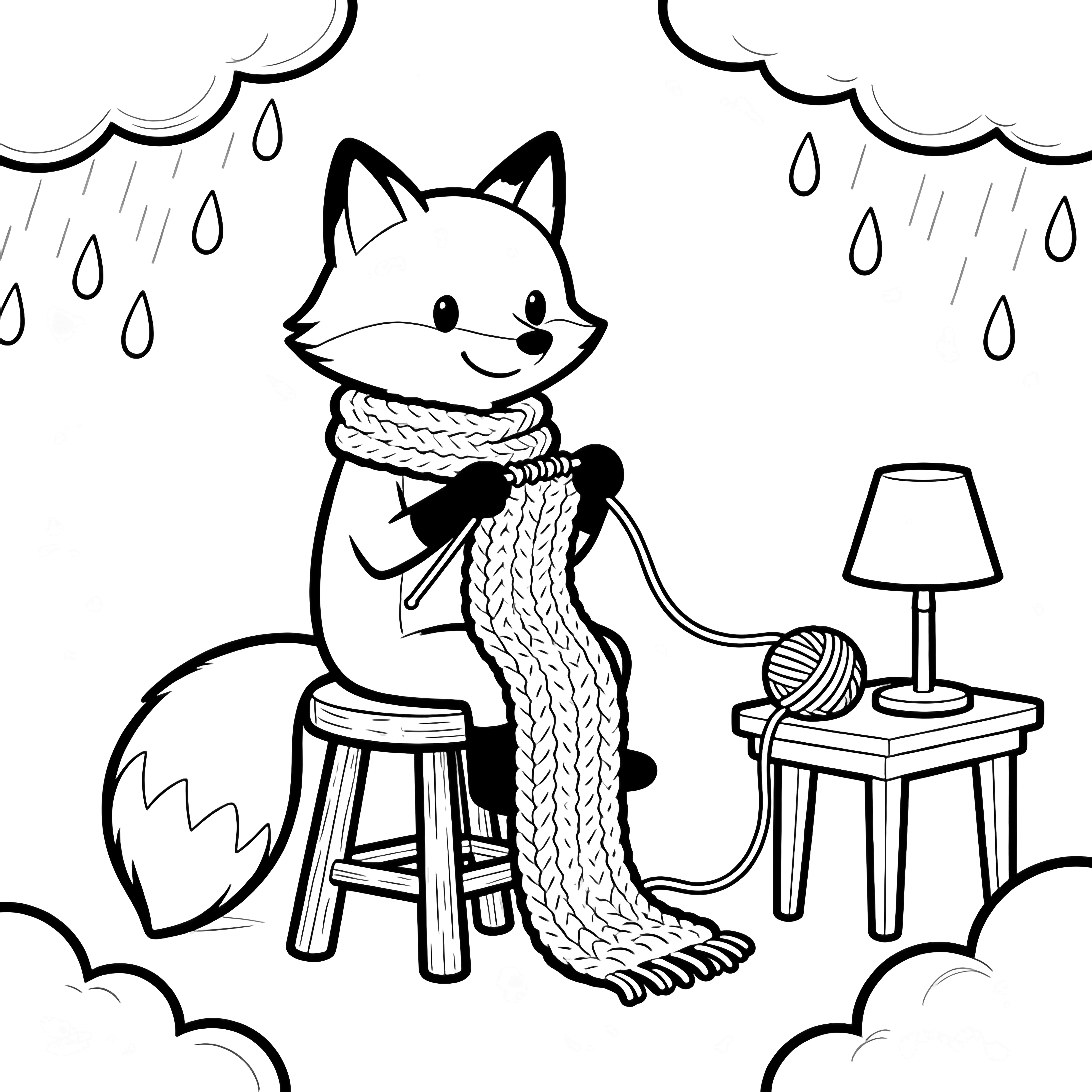 A smiling fox on a stool knits a scarf; its tail wraps a small table with a lamp, framed by raindrops and puffy clouds. kleurplaat
