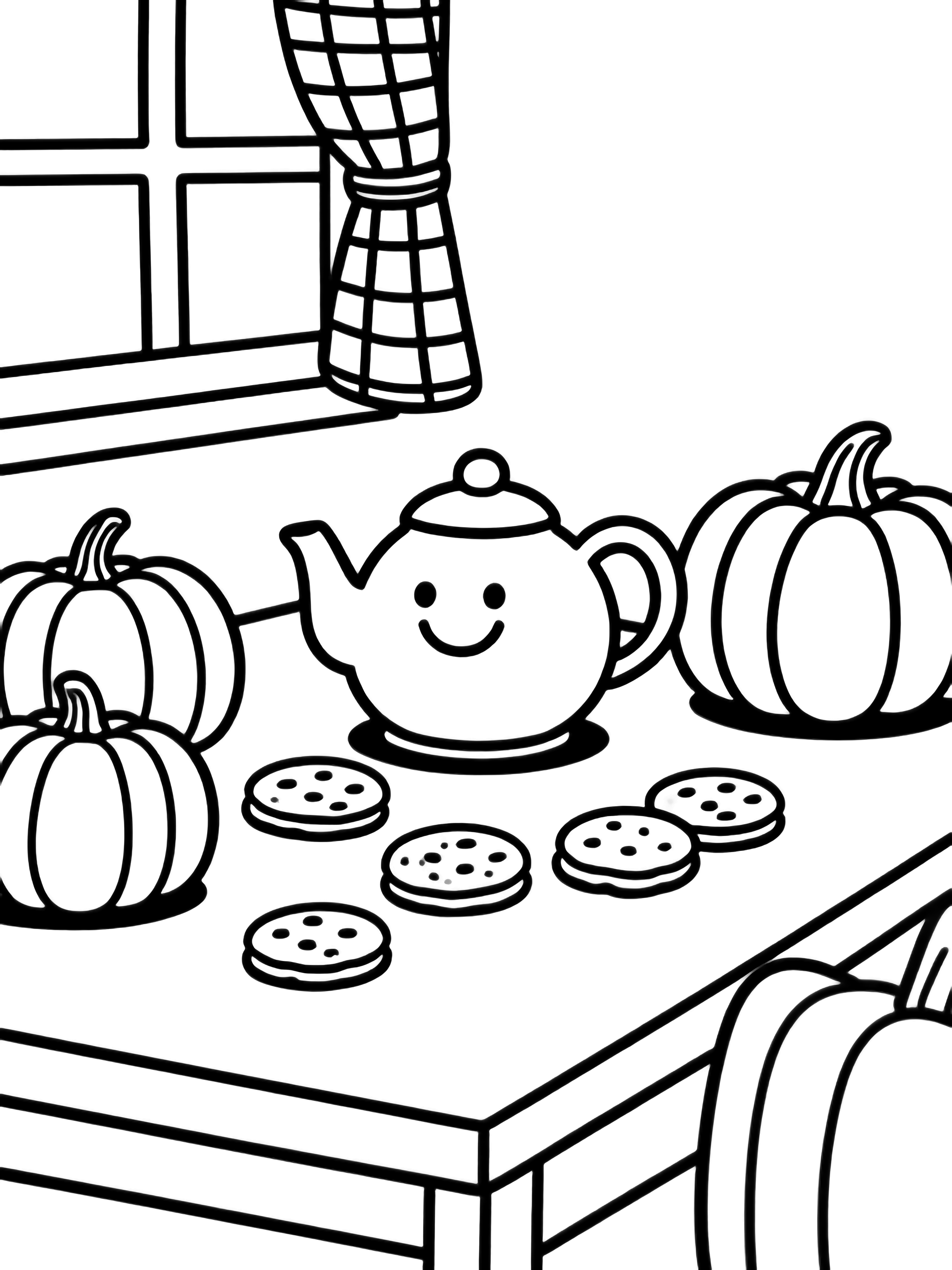 Cheerful teapot with smiling face on kitchen table beside five round cookies and three plump pumpkins, checked curtain and blank windowsill behind. kleurplaat