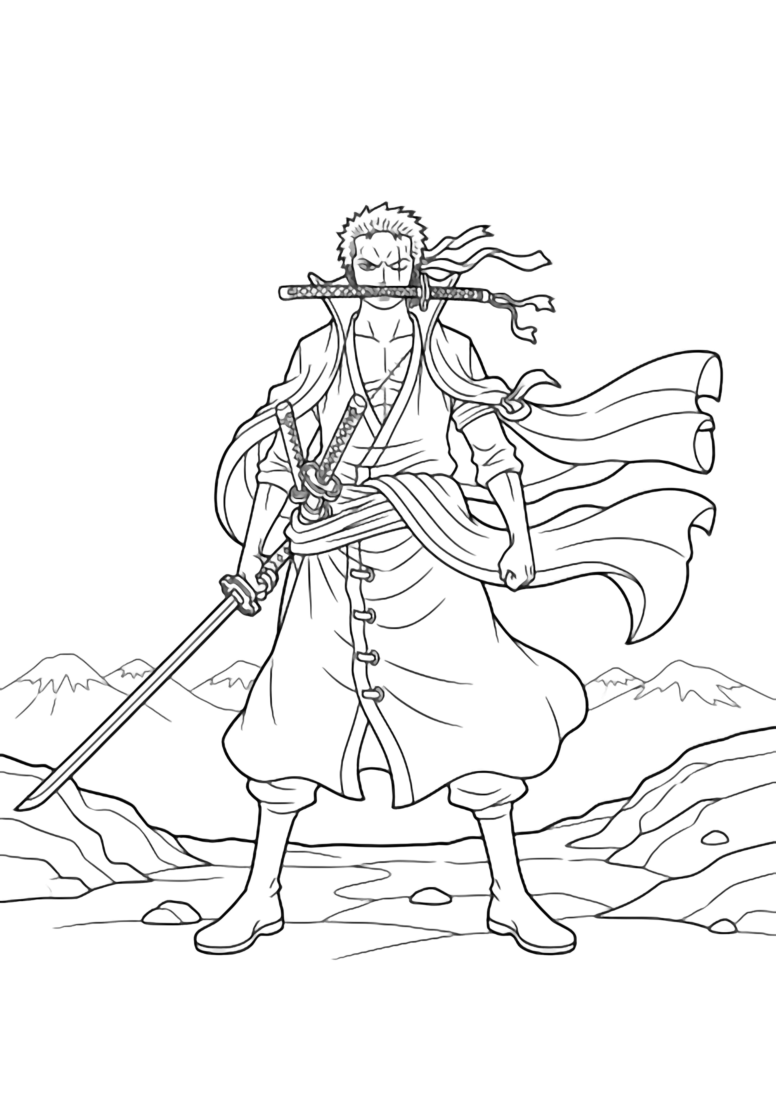 Zoro stands wide-legged with three katanas, one in each hand and one clenched in his teeth, hair and coat tails whipping in wind, rocky ground and distant mountains behind him. kleurplaat