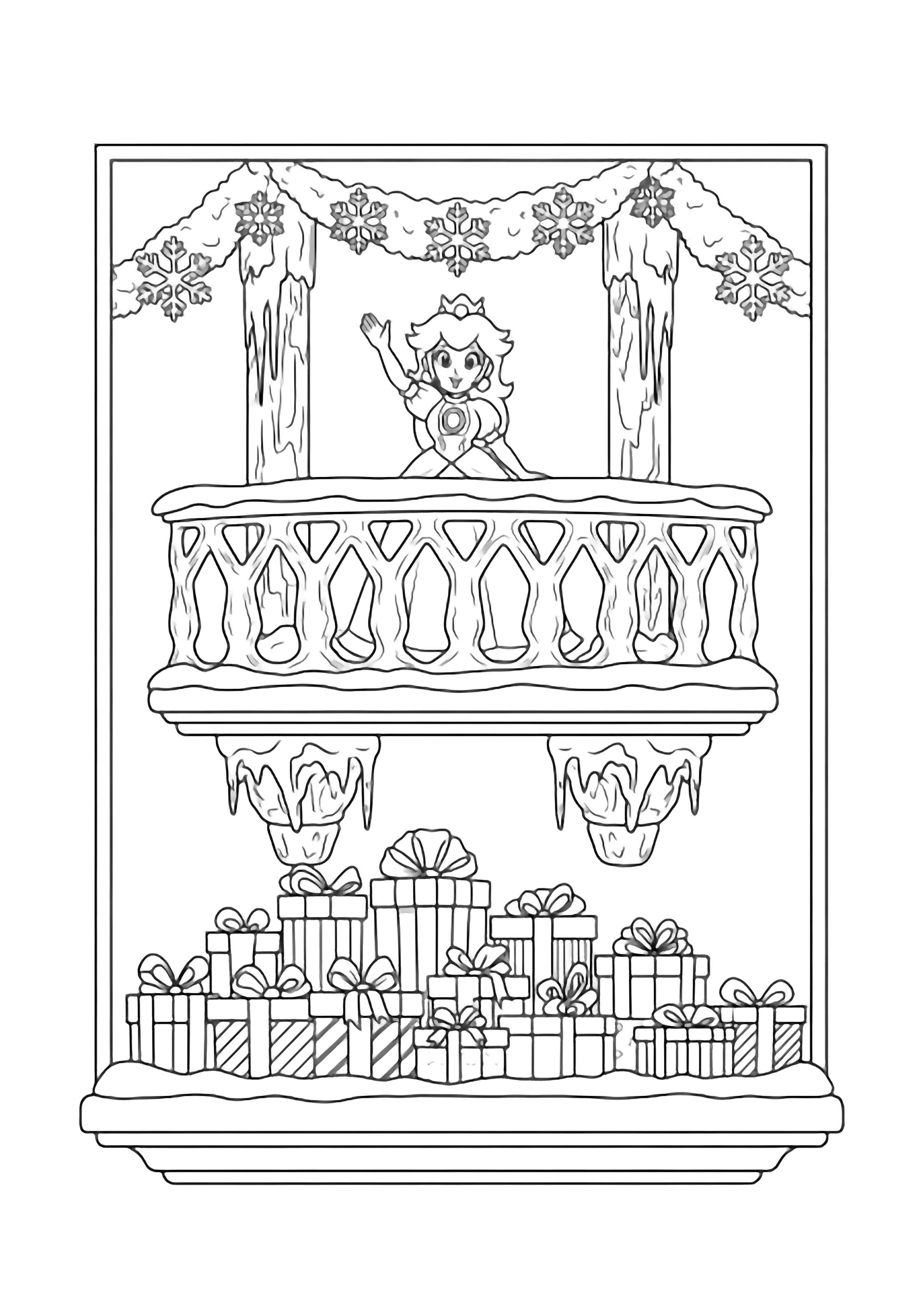 Princess Peach waves from an ornate ice balcony; below, wrapped gifts line up between icicle pillars hung with garlands, all set against a snowy backdrop. kleurplaat