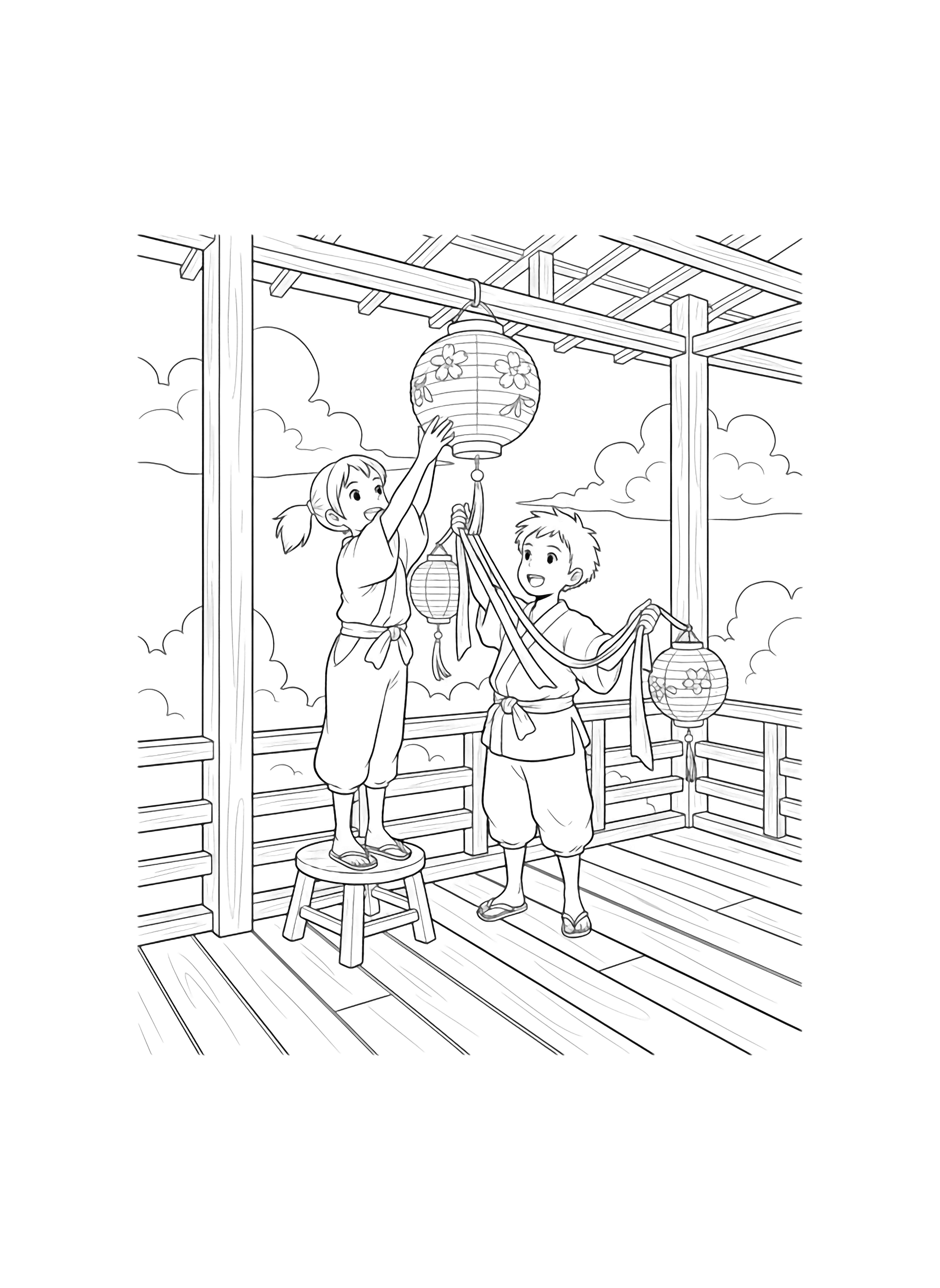 Lin and Boh hang lanterns and ribbons on a bathhouse veranda, standing on a low stool with clouds above. kleurplaat