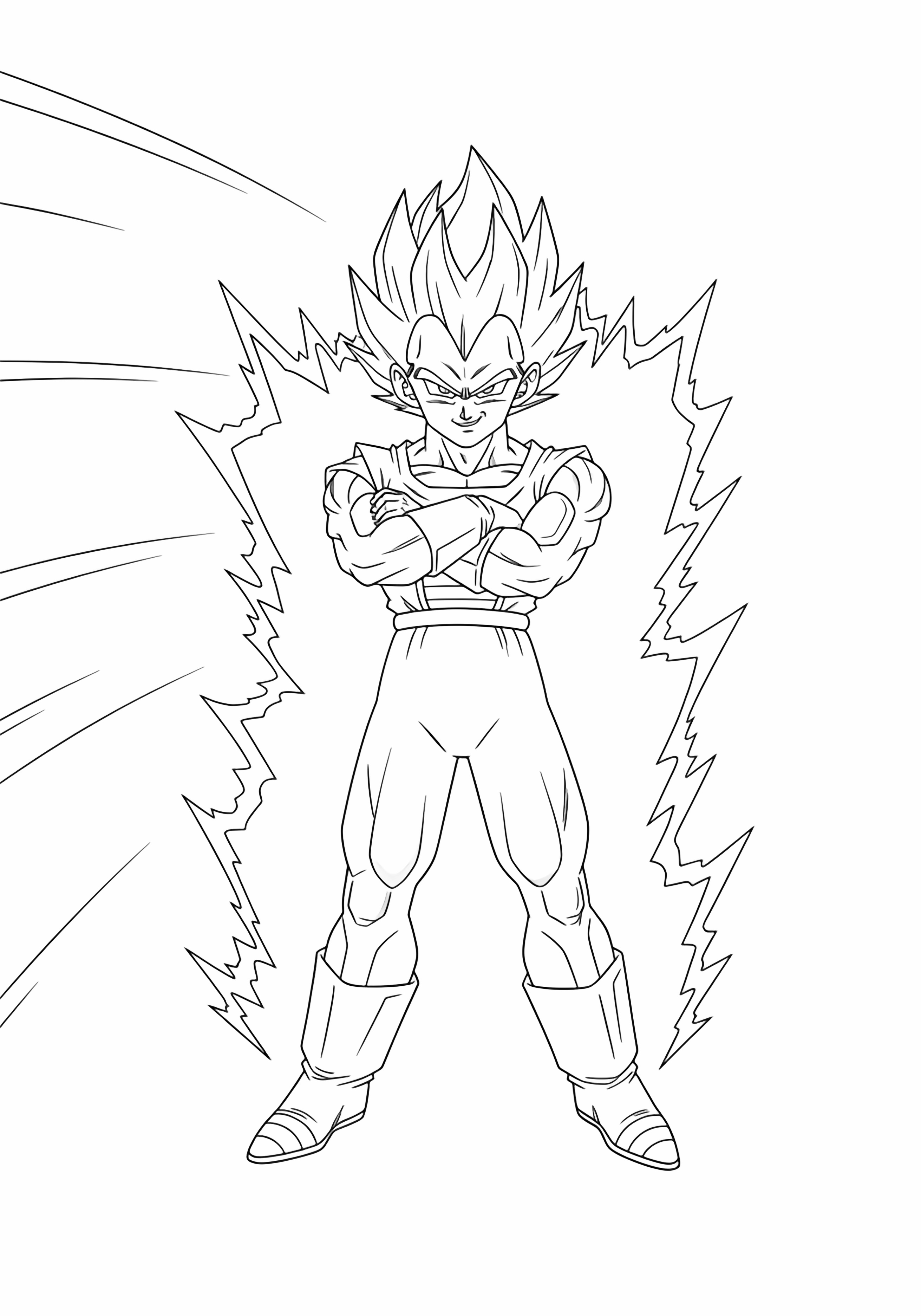 Vegeta staat met gekruiste armen, zijn stekelige haar wapperend, omkaderd door snelheidslijnen en scherpe aura-contouren. kleurplaat