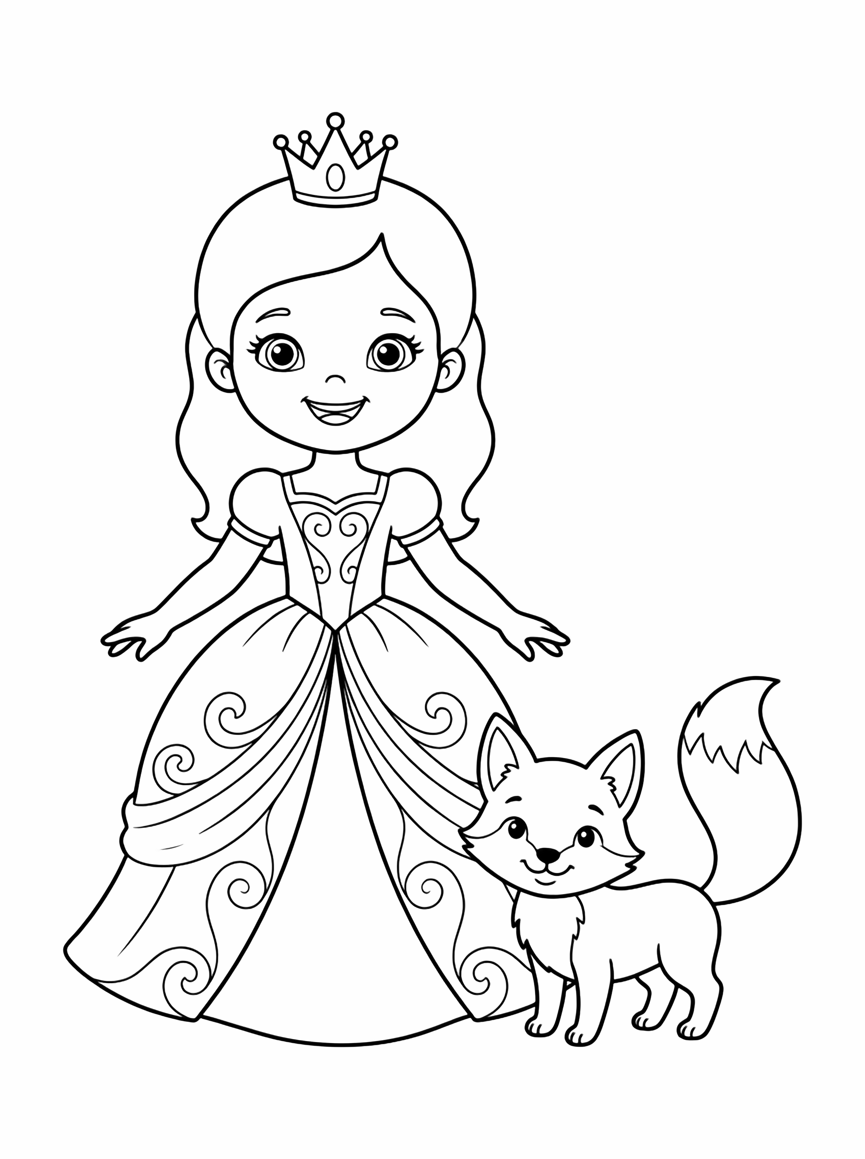 Smiling princess wearing a crown and flowing gown with a friendly animal companion. kleurplaat