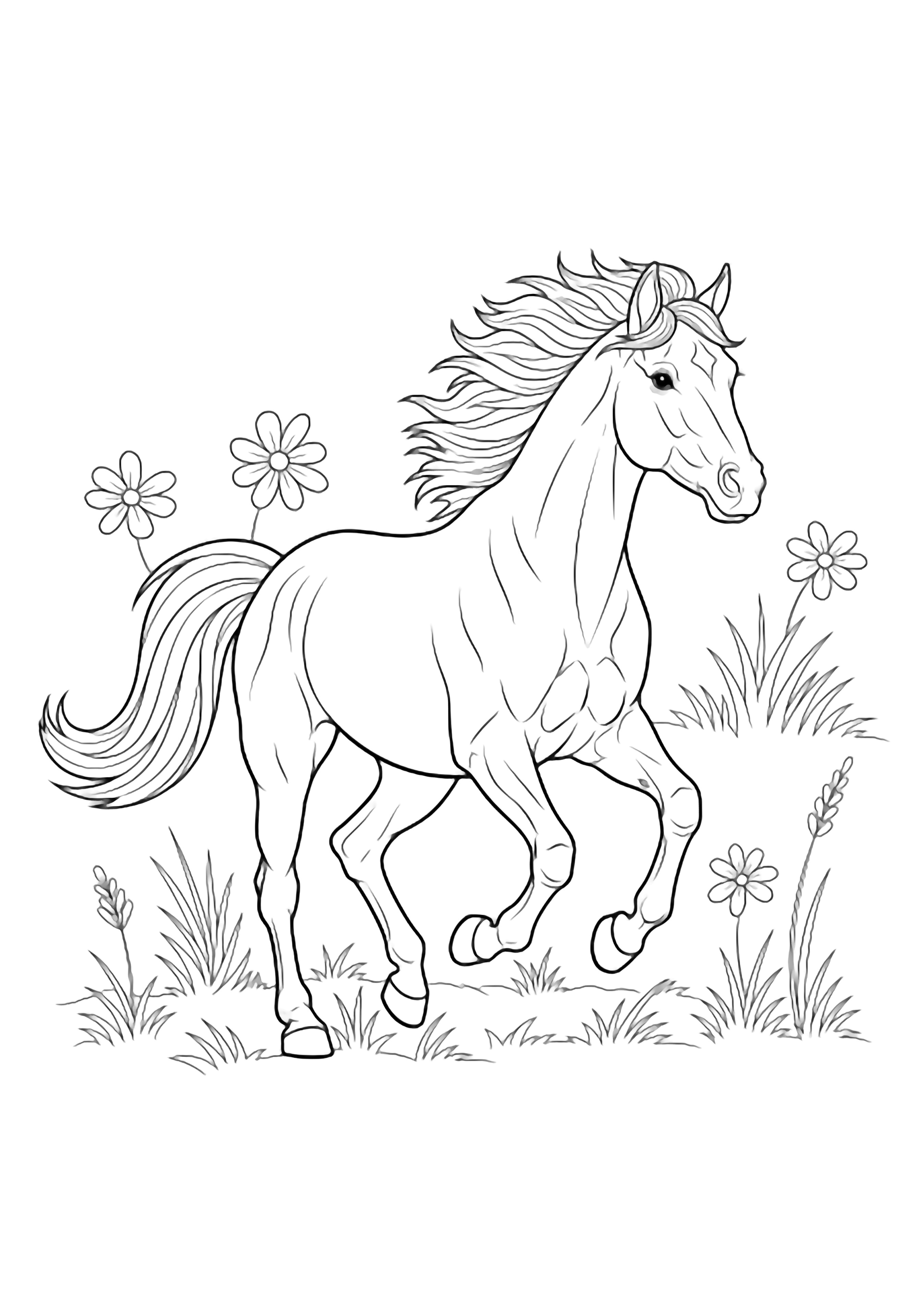 A joyful horse gallops through a meadow, mane and tail streaming, surrounded by simple flowers and grass. kleurplaat