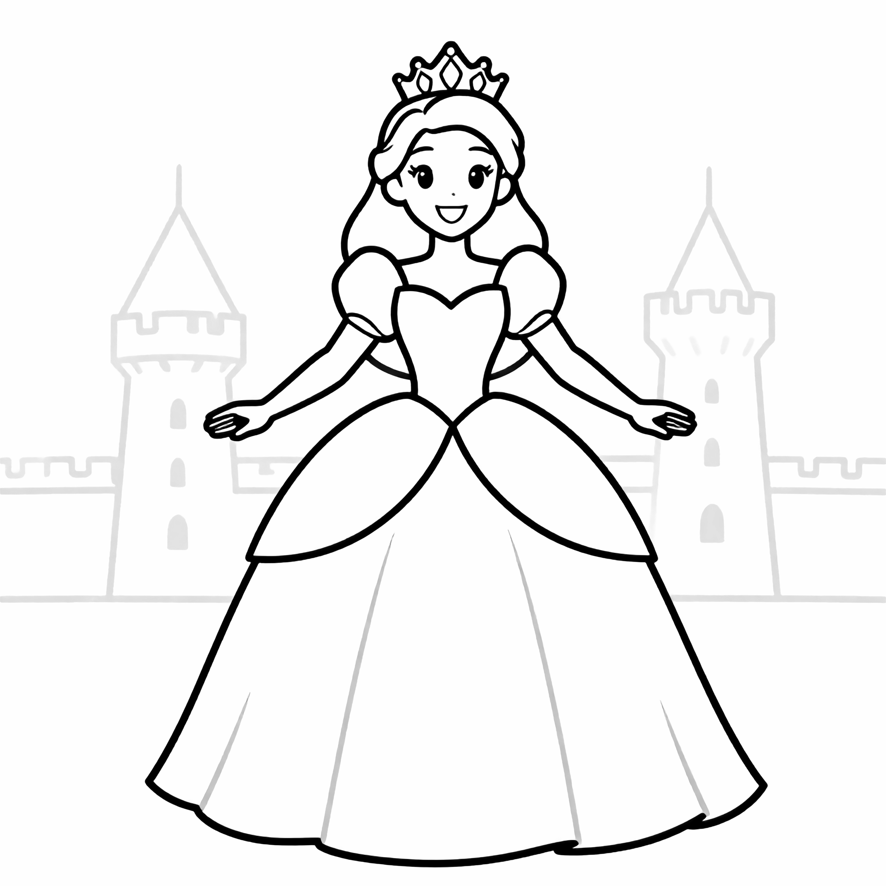 Smiling princess in flowing gown and sparkling tiara, arms wide, minimal castle towers behind kleurplaat