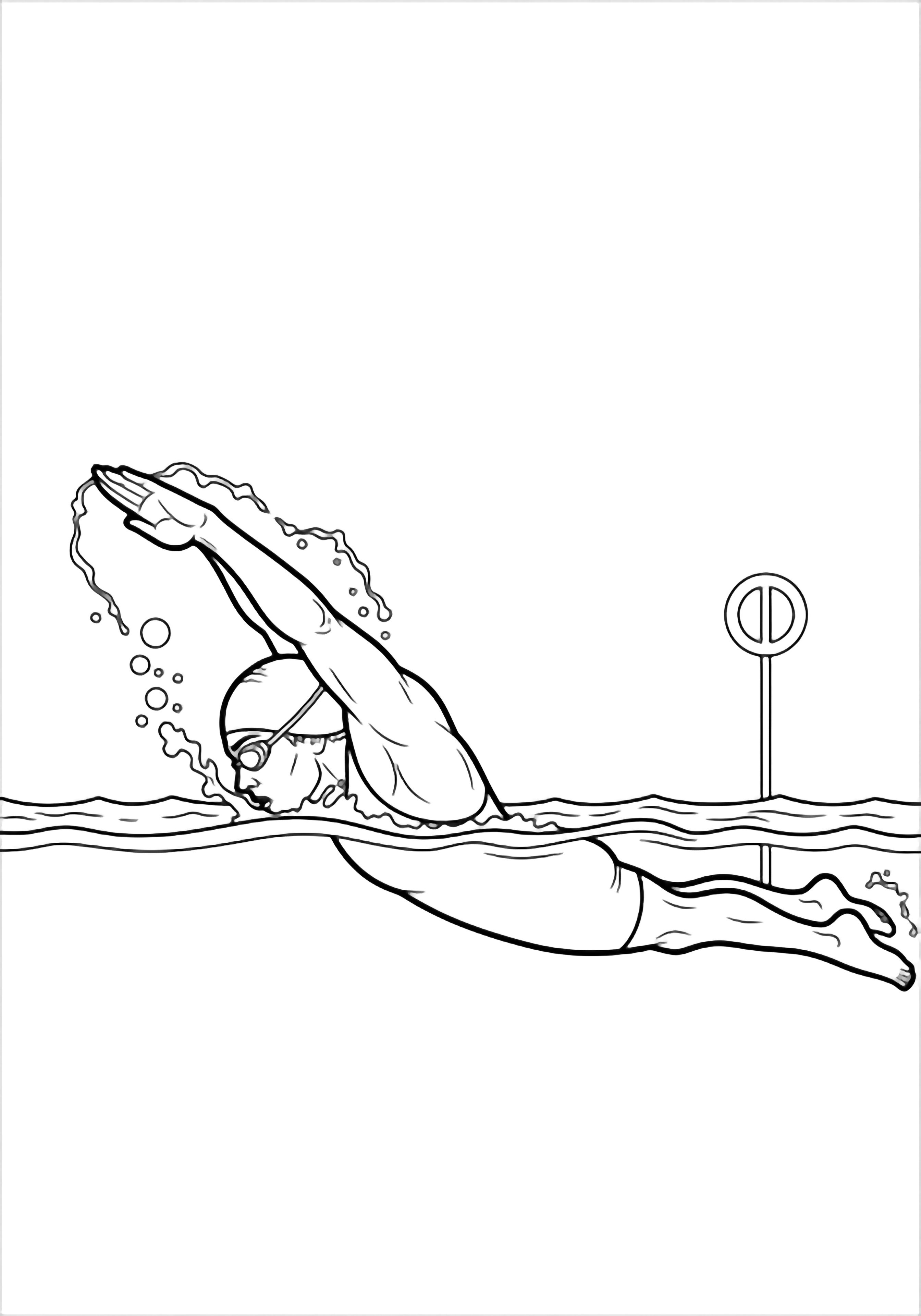 Side-view swimmer mid-butterfly stroke, arms sweeping forward, legs extended behind, rippling waterline, lane marker float, minimal splashy bubbles kleurplaat