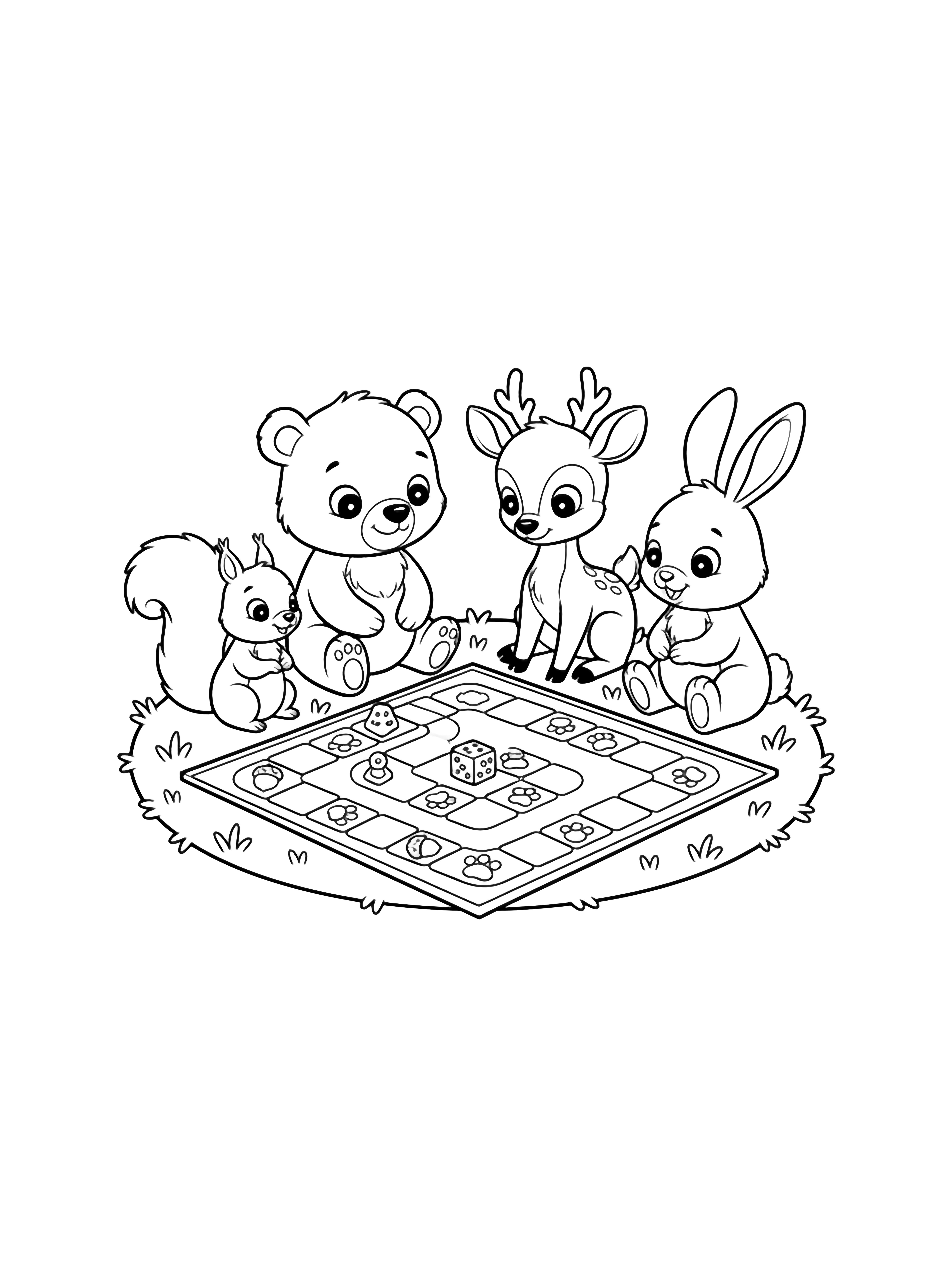A big cozy black and white page showing a circle of forest friends gathered around a chunky board game A wide eyed bear cub a tiny squirrel with a fluffy tail a smiling deer with knobby knees and a cheerful bunny with perky ears sit on a soft patch of grass The board game clean black and white line drawing minimal shading no colour no fill kleurplaat