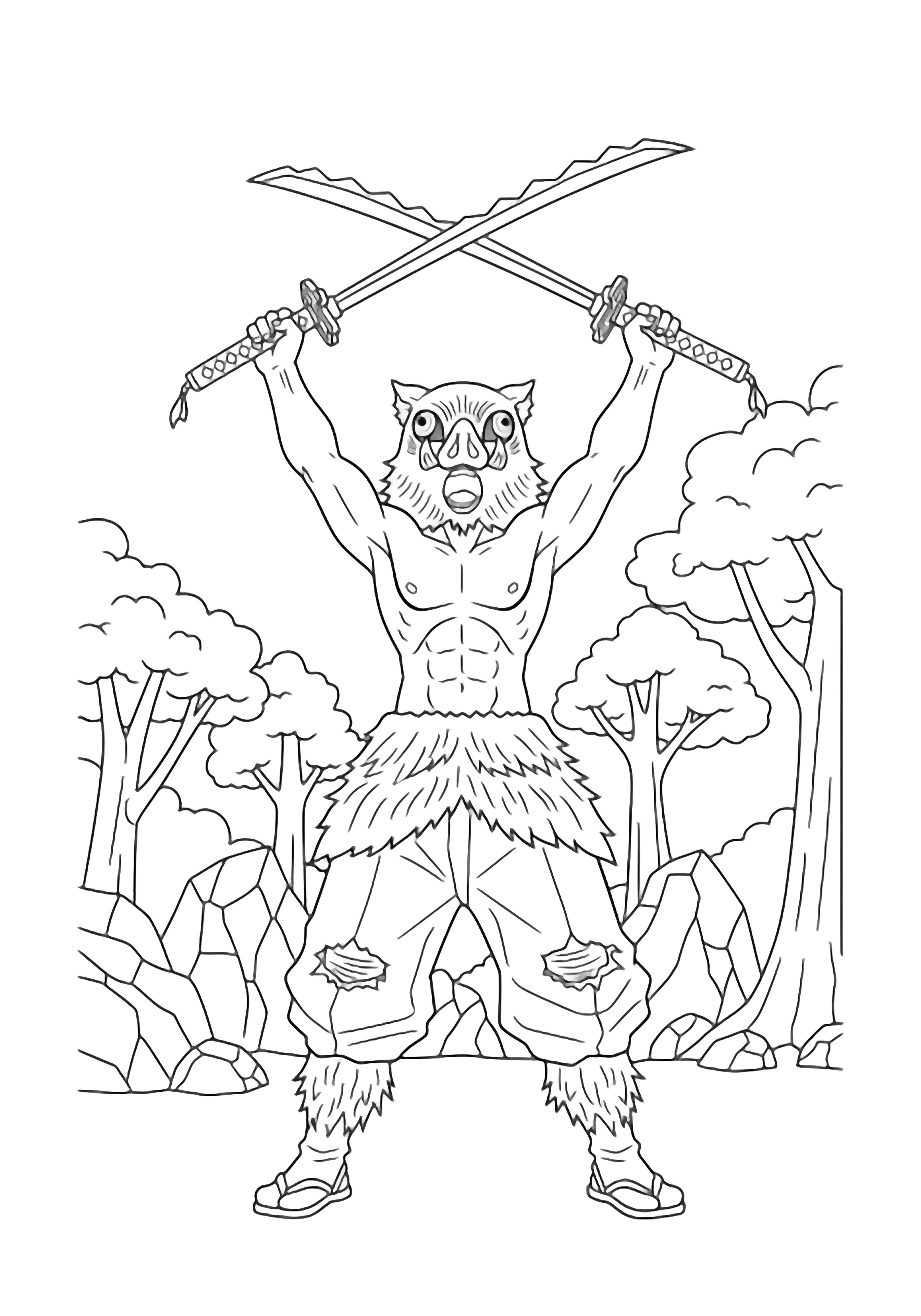Inosuke Hashibira shouting with arms raised, twin jagged swords crossed overhead, standing among simple forest rocks. kleurplaat