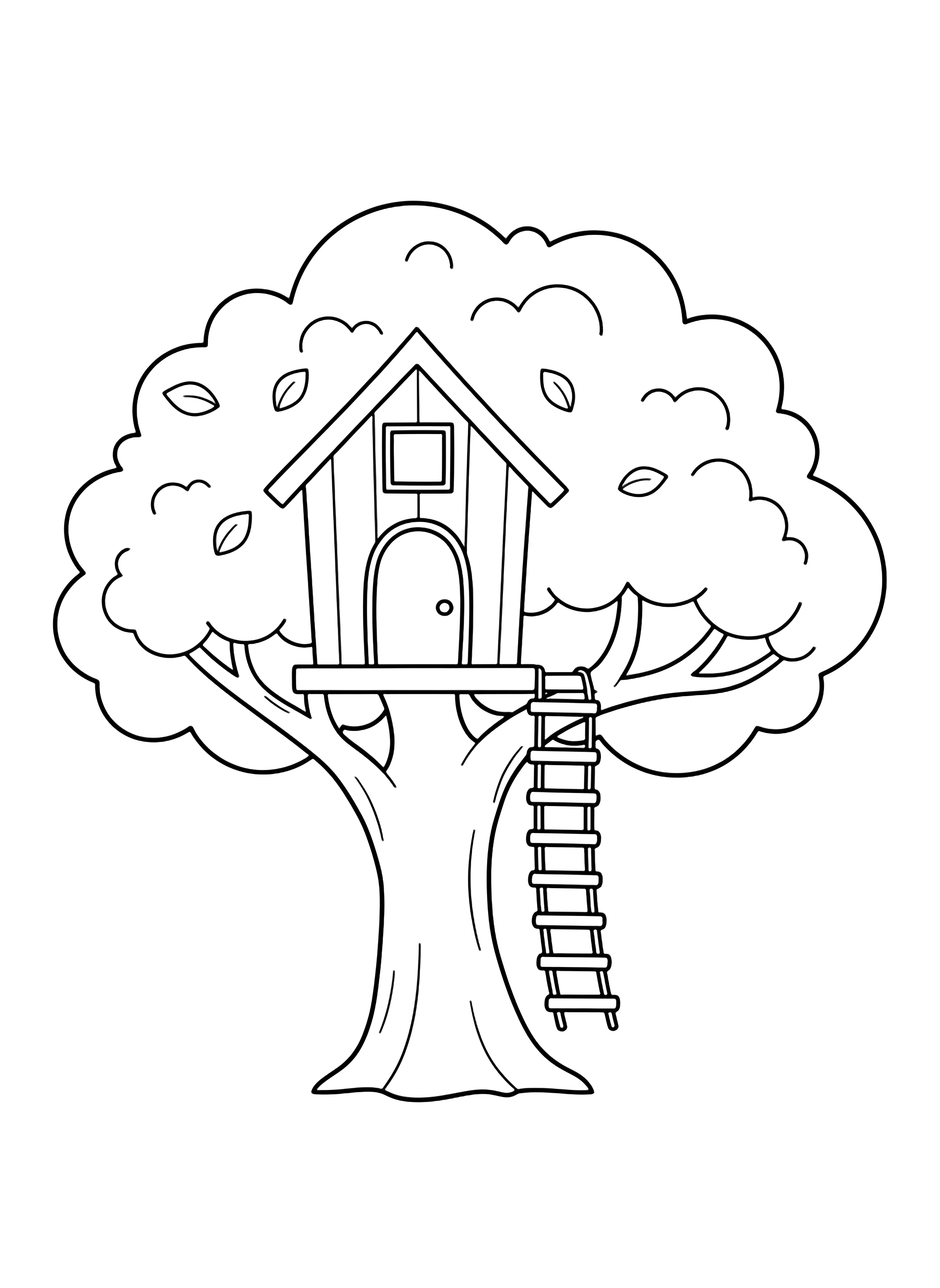 A simple treehouse perched in a leafy tree with an open doorway, a ladder, and sturdy branches. kleurplaat