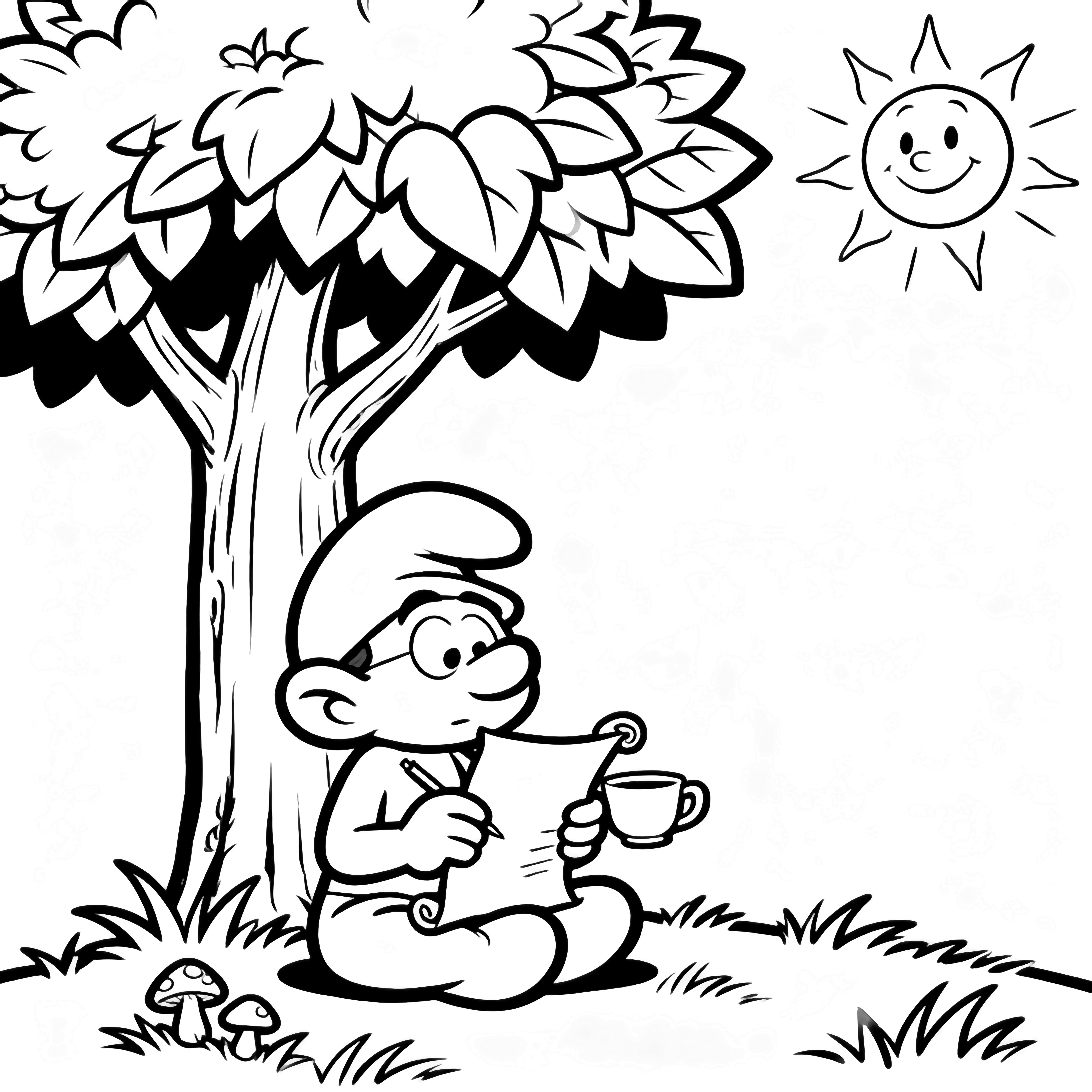 Brainy Smurf sits cross-legged under a big leafy tree, writing on a scroll and holding a teacup; grass, tiny mushrooms, and a smiling sun surround him. kleurplaat