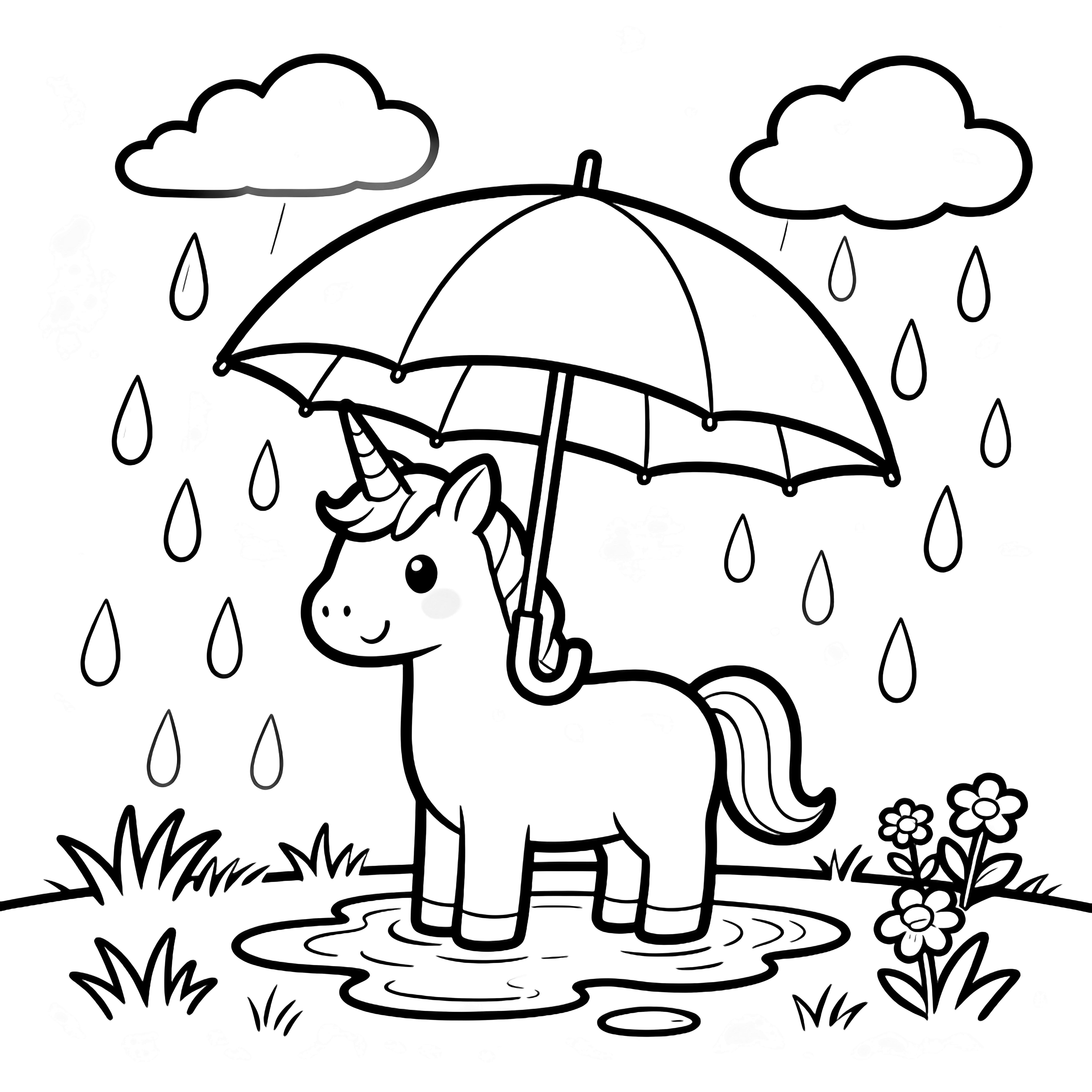 A smiling unicorn stands beneath an umbrella while raindrops fall; simple clouds hover above puddles and sparse grass and flowers. kleurplaat