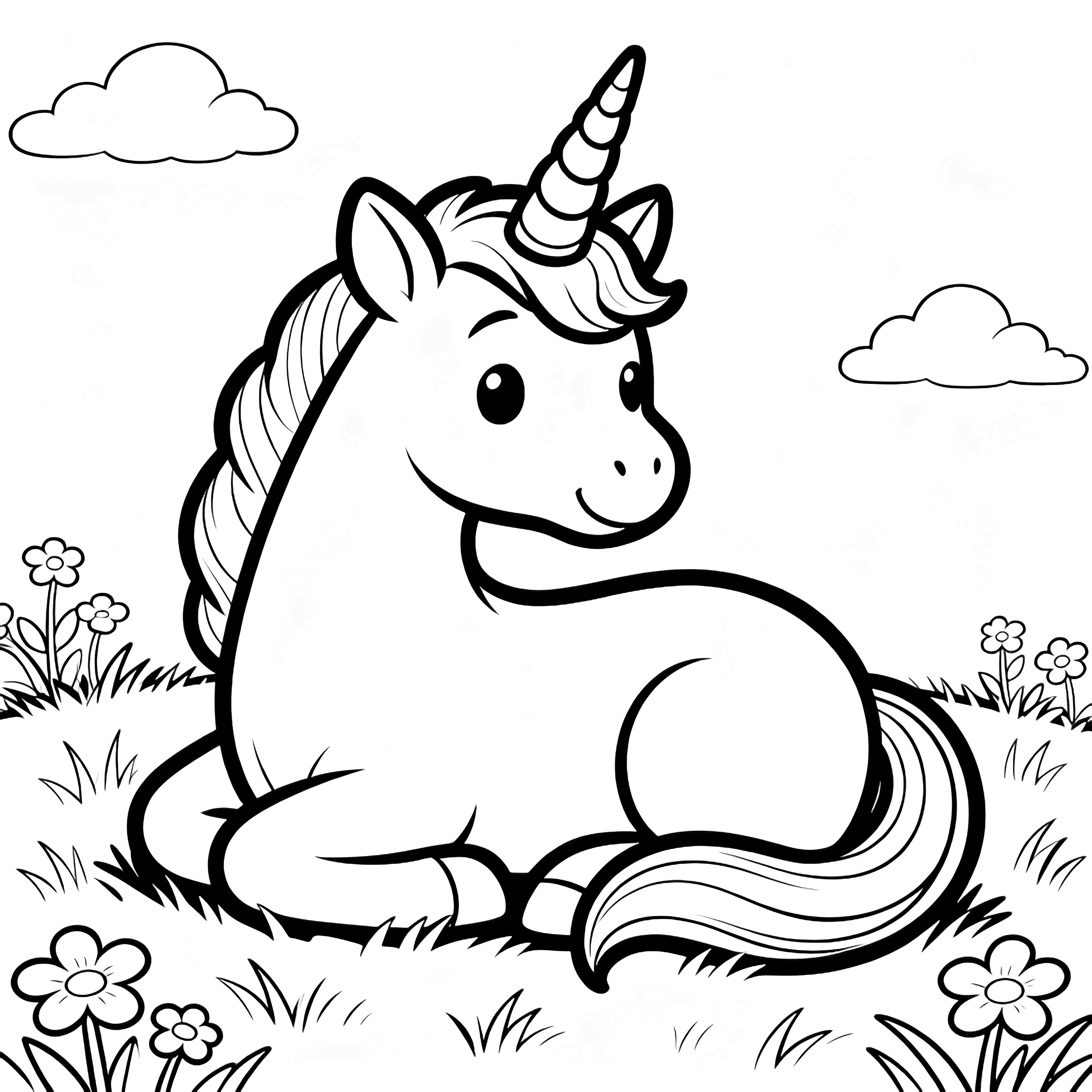 A smiling unicorn curled on grass, spiraled horn forward, tail arced, surrounded by clouds and flowers. kleurplaat