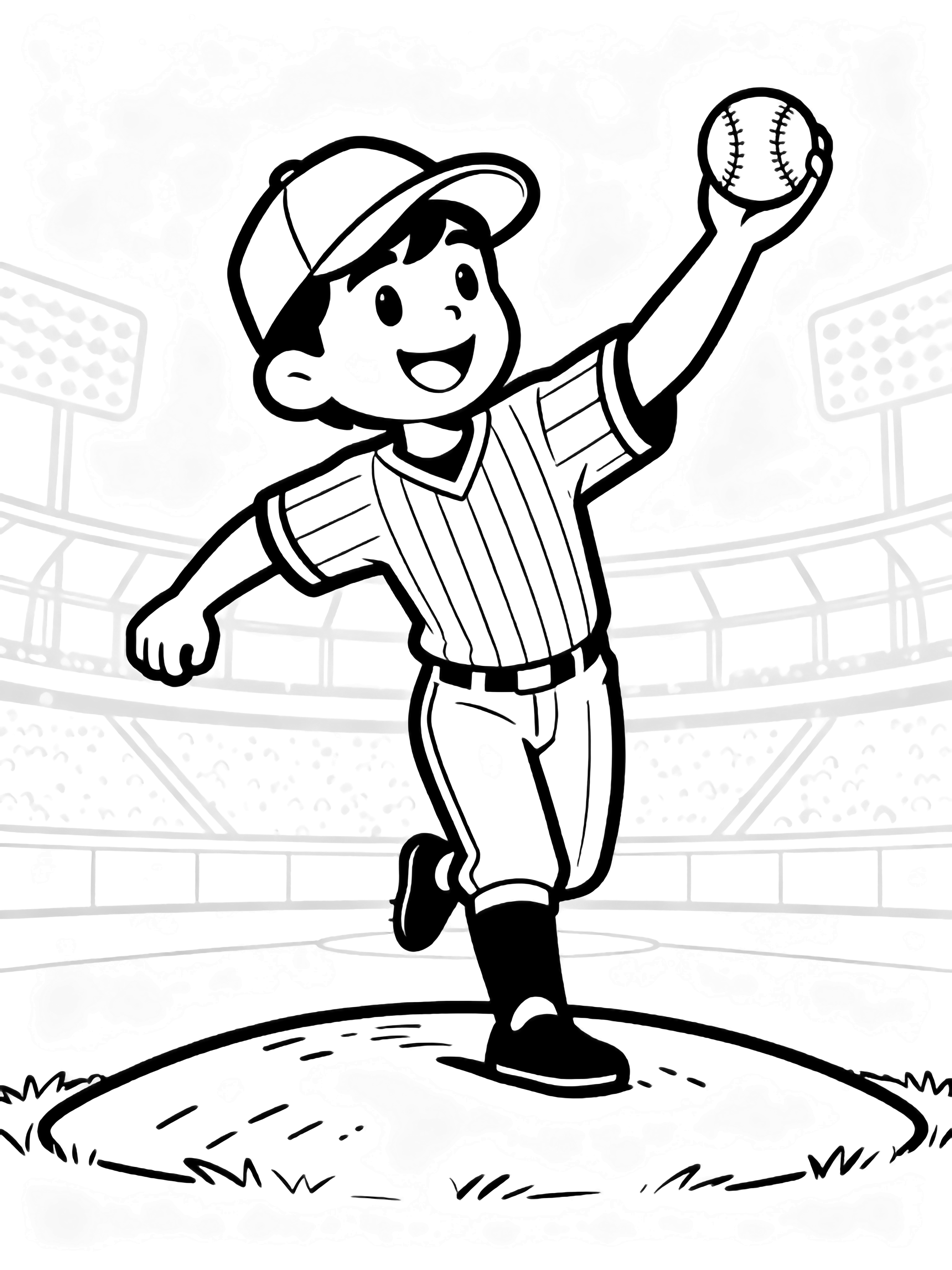 Smiling pitcher mid-throw on mound, baseball leaving hand, cap and striped uniform, faint stadium outline behind. kleurplaat