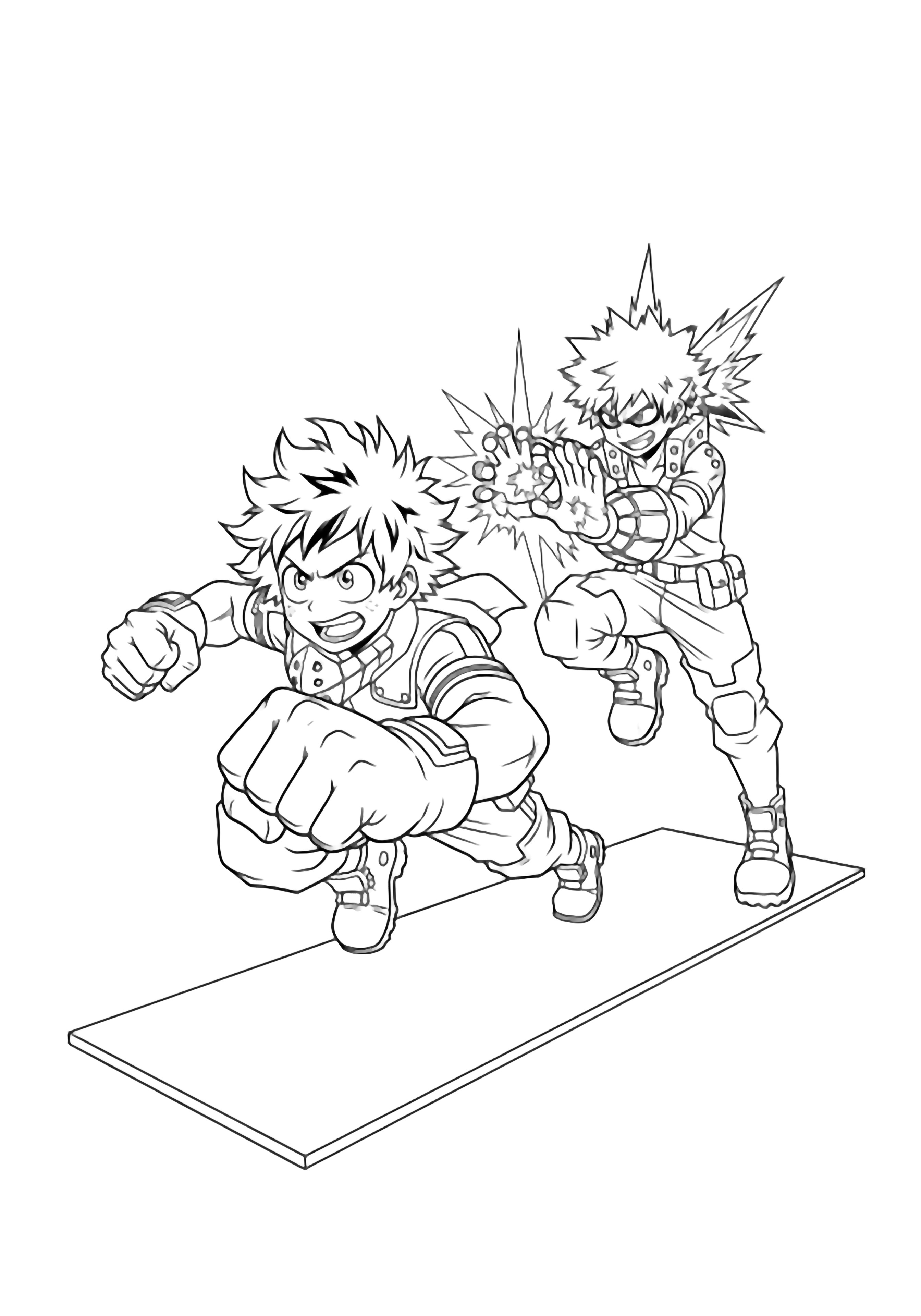 Deku lunges forward with clenched fists while Bakugo leaps beside him, palms sparking, both mid-action on a gym mat. kleurplaat