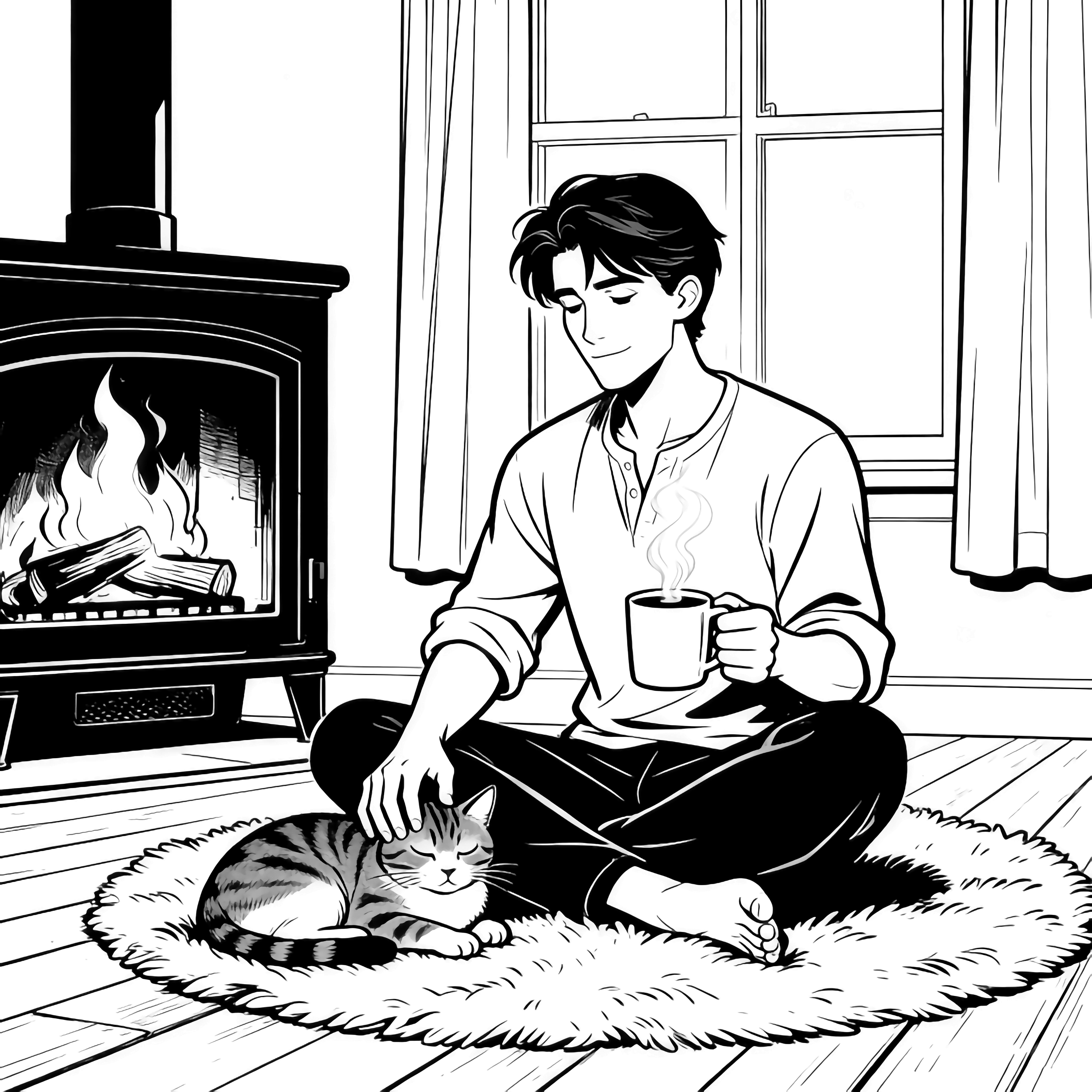Levi sits cross-legged on a fluffy rug, cradling a steaming mug and stroking a sleepy cat beside a crackling fireplace, tall curtained window, and bare plank floor. kleurplaat