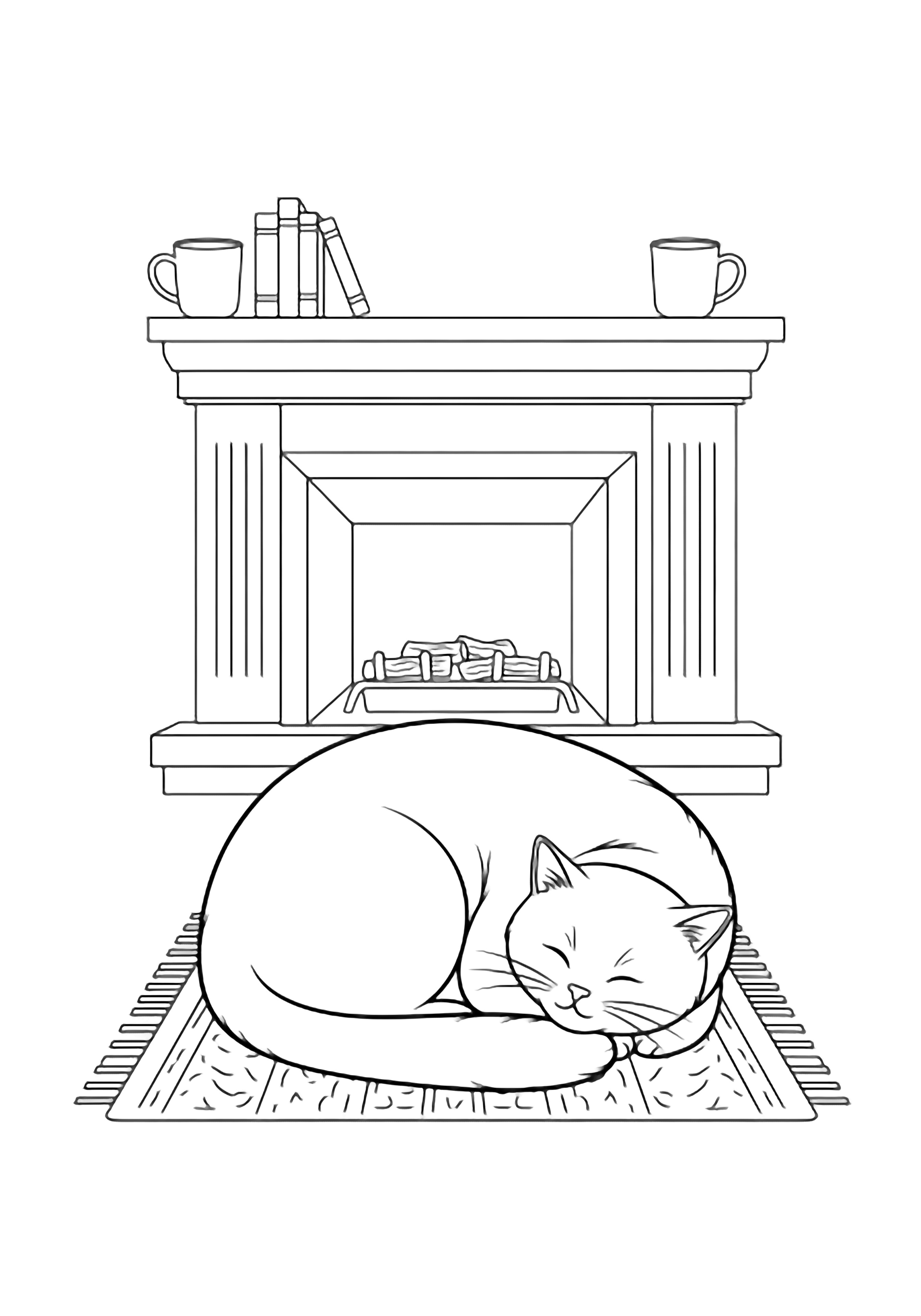 Plump cat napping on rug, cold fireplace, stacked books, two empty mugs kleurplaat