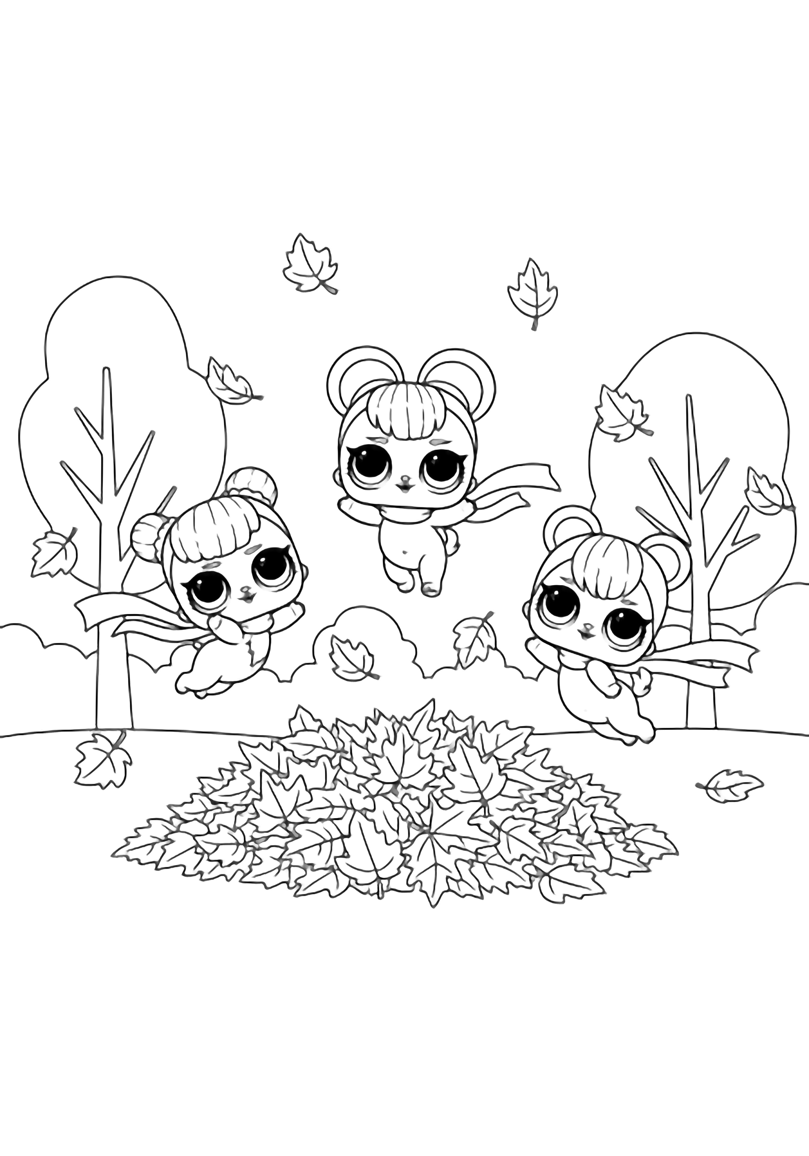 Three chibi LOL Pets with big eyes jump into a leaf pile, wearing fluttering scarves, framed by simple trees and drifting leaves. kleurplaat