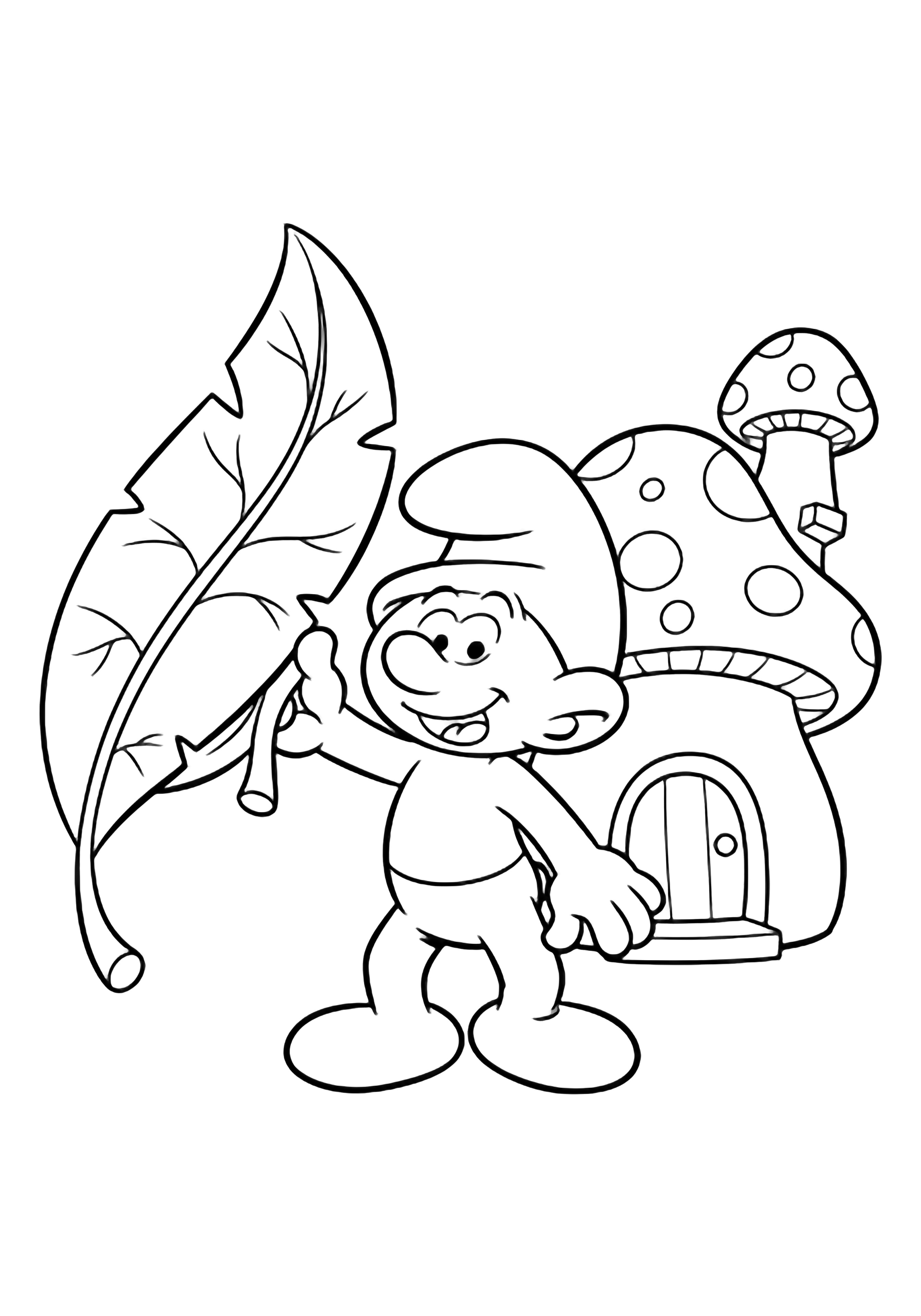 Een vrolijke Smurf zwaait terwijl hij een te grote slappe bladerenhoed vasthoudt, staand naast een eenvoudig paddenstoelhuisje. kleurplaat