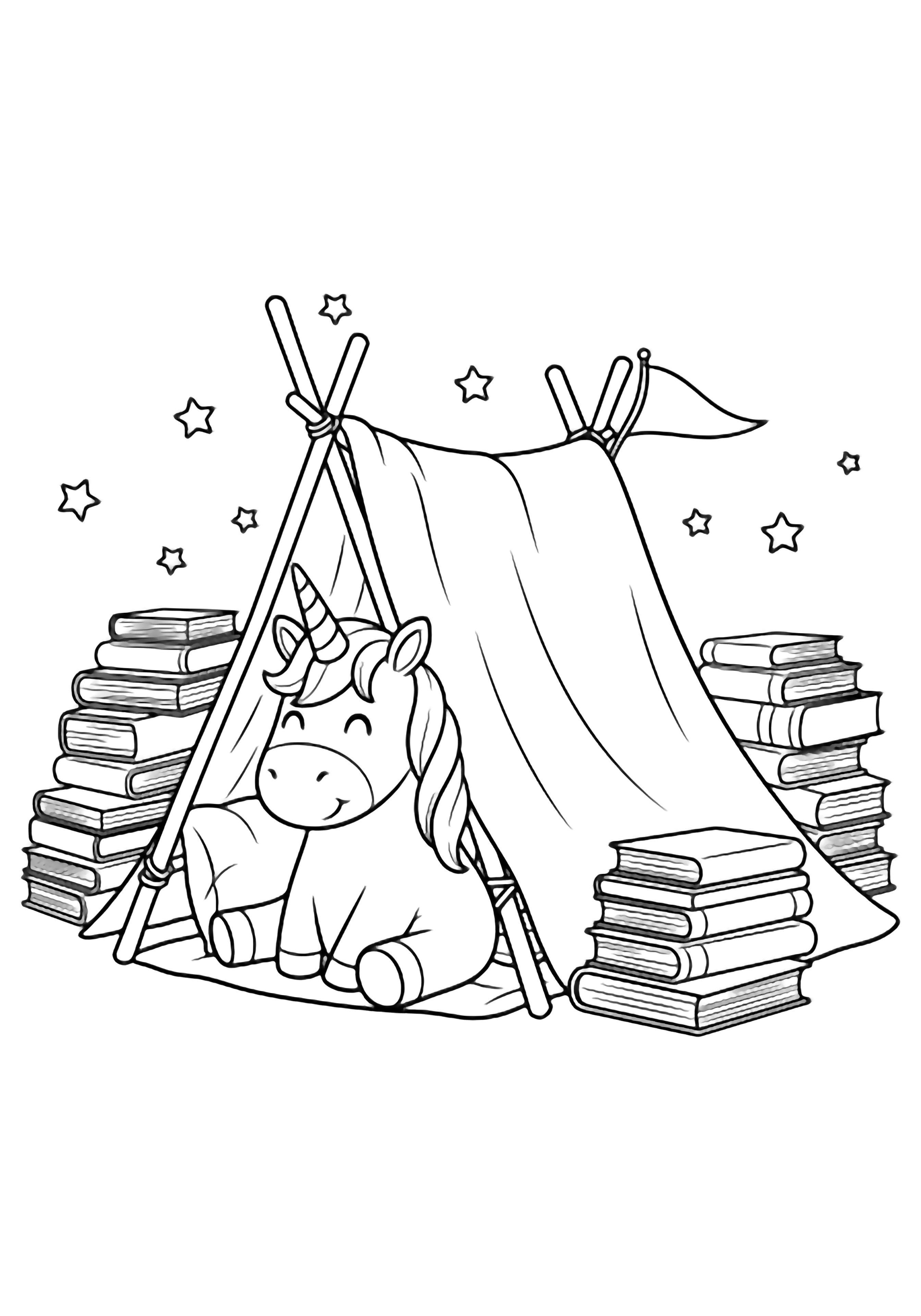 A smiling unicorn lounges in a sheet-and-stick blanket fort beside stacked books, stars, and a tiny flag. kleurplaat