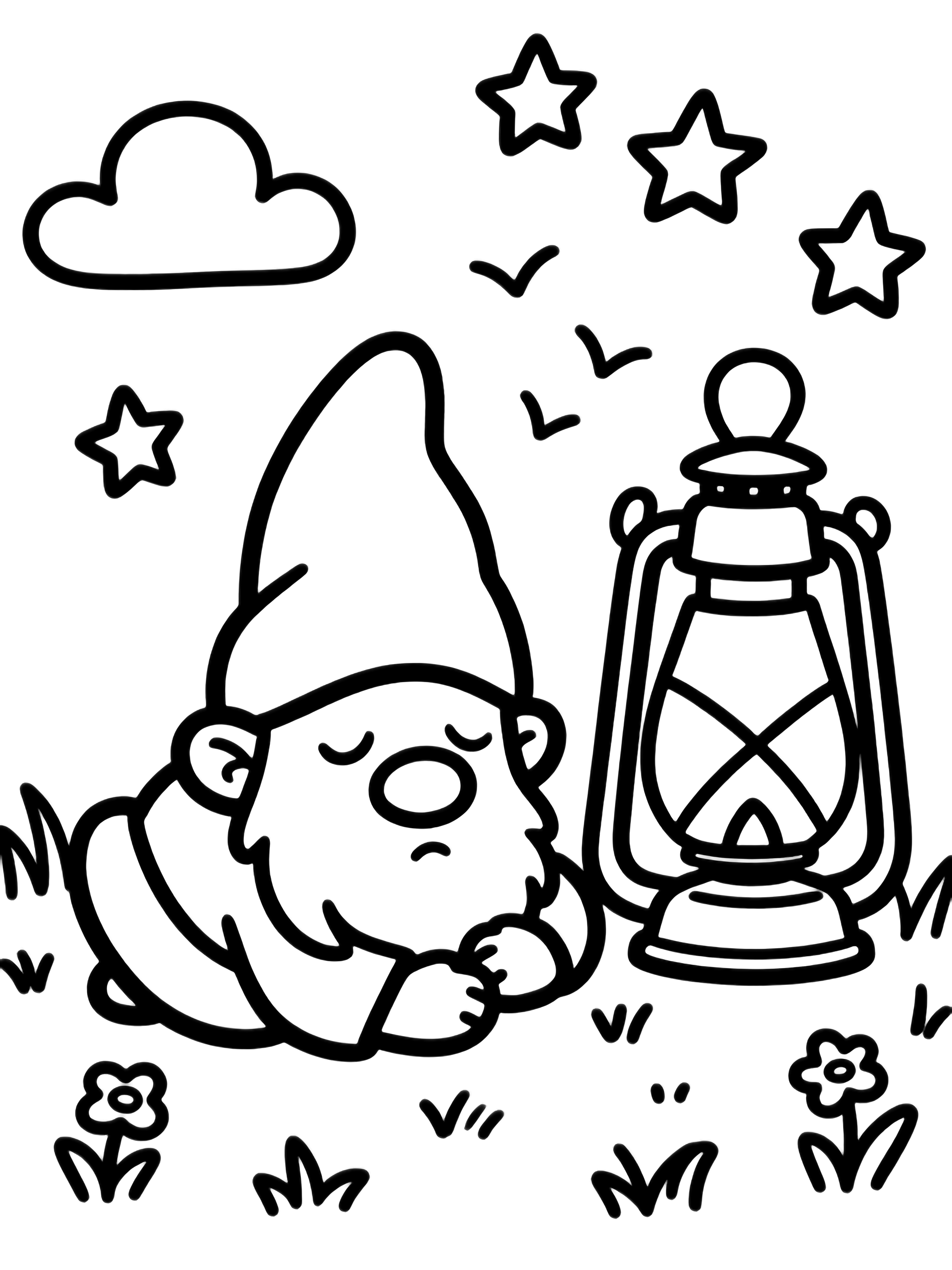 A drowsy gnome curls beside a large lantern; five-point stars and simple clouds float above; grass and tiny flowers line the ground. kleurplaat
