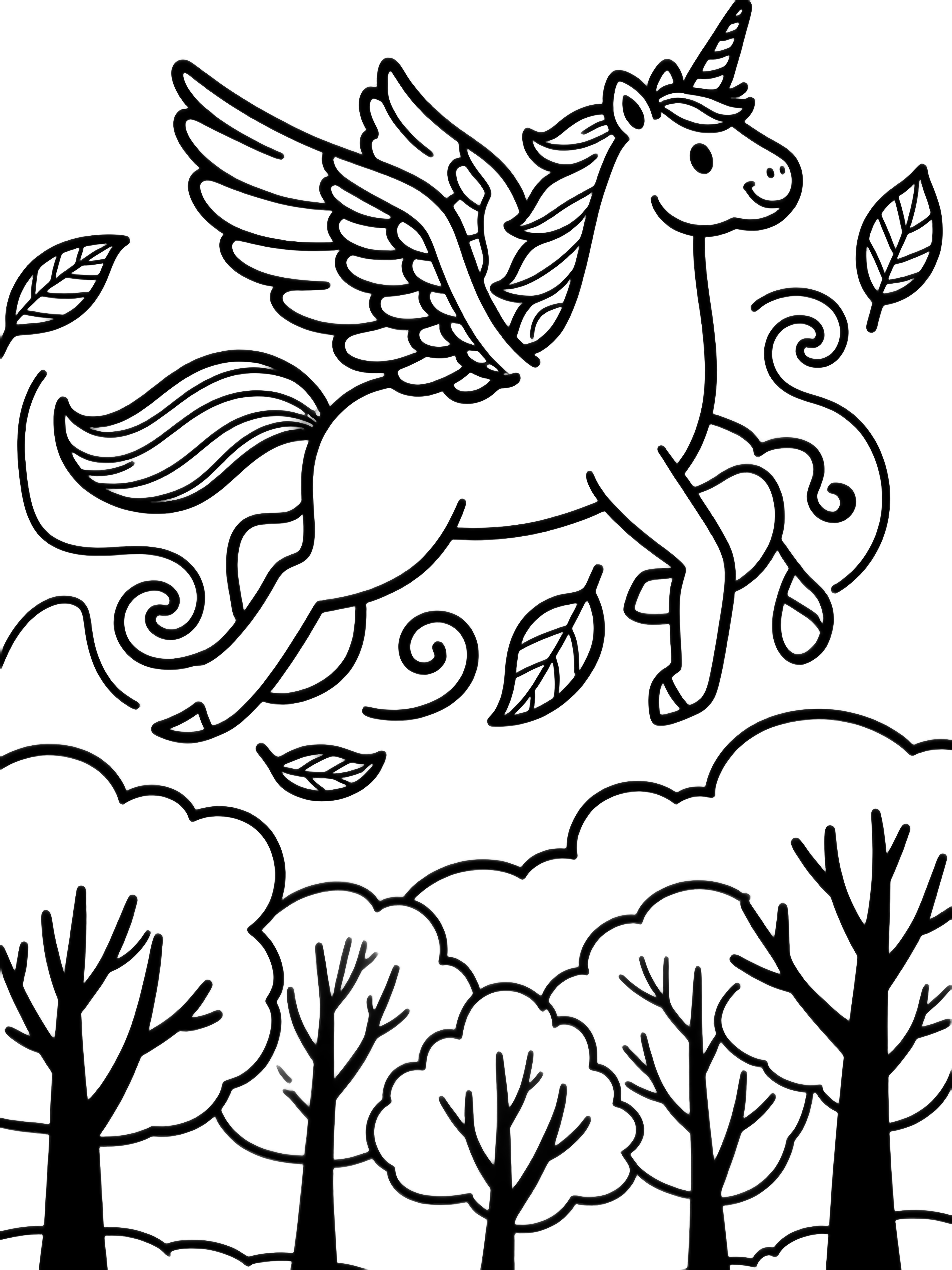 A smiling winged unicorn glides above swirling autumn leaves, a bare winter forest below, gentle clouds drifting overhead. kleurplaat