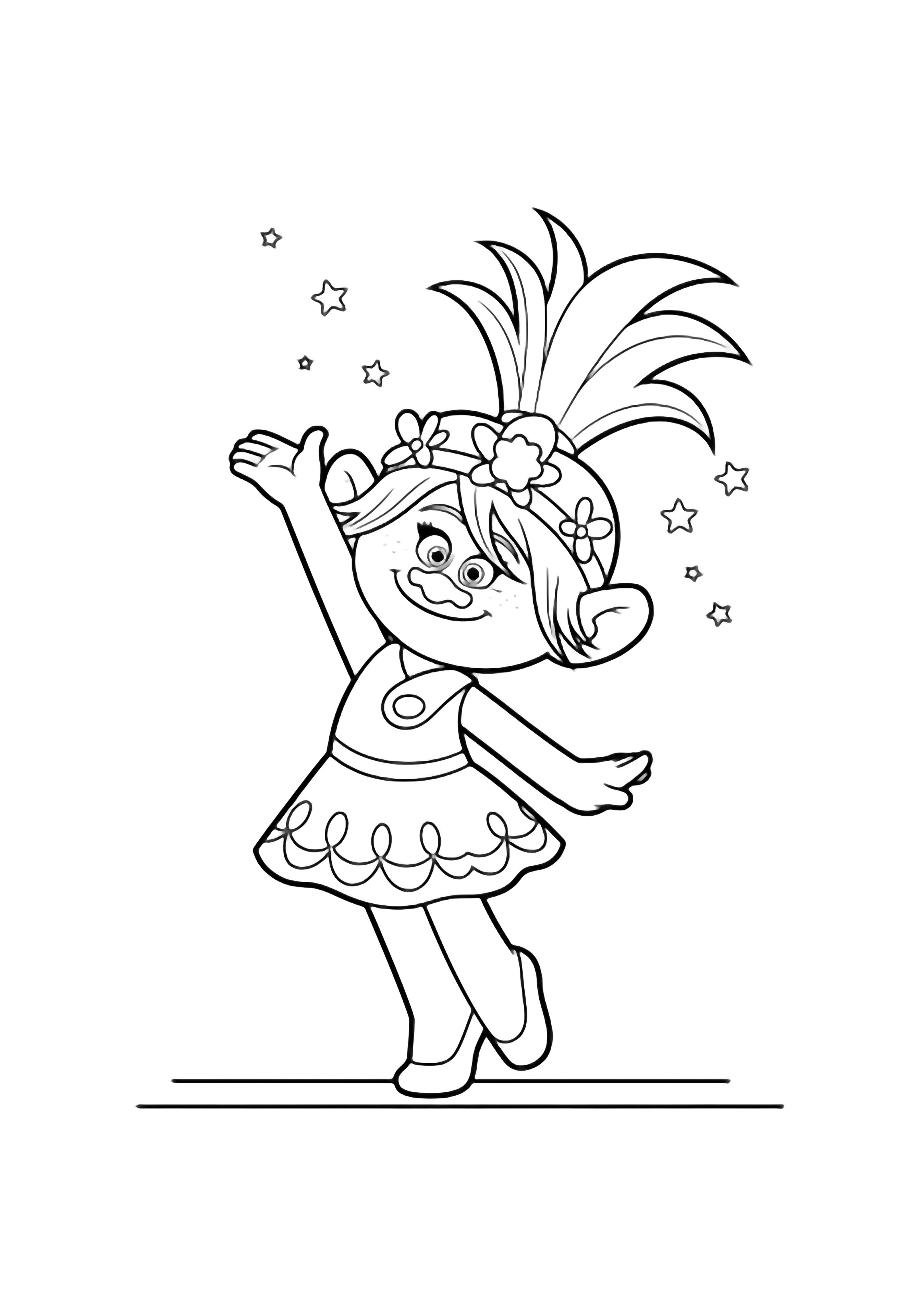 Poppy on tiptoe, arm raised, ponytail bouncing, twirly dress flaring, tiny stars drifting around her, simple stage floor beneath. kleurplaat