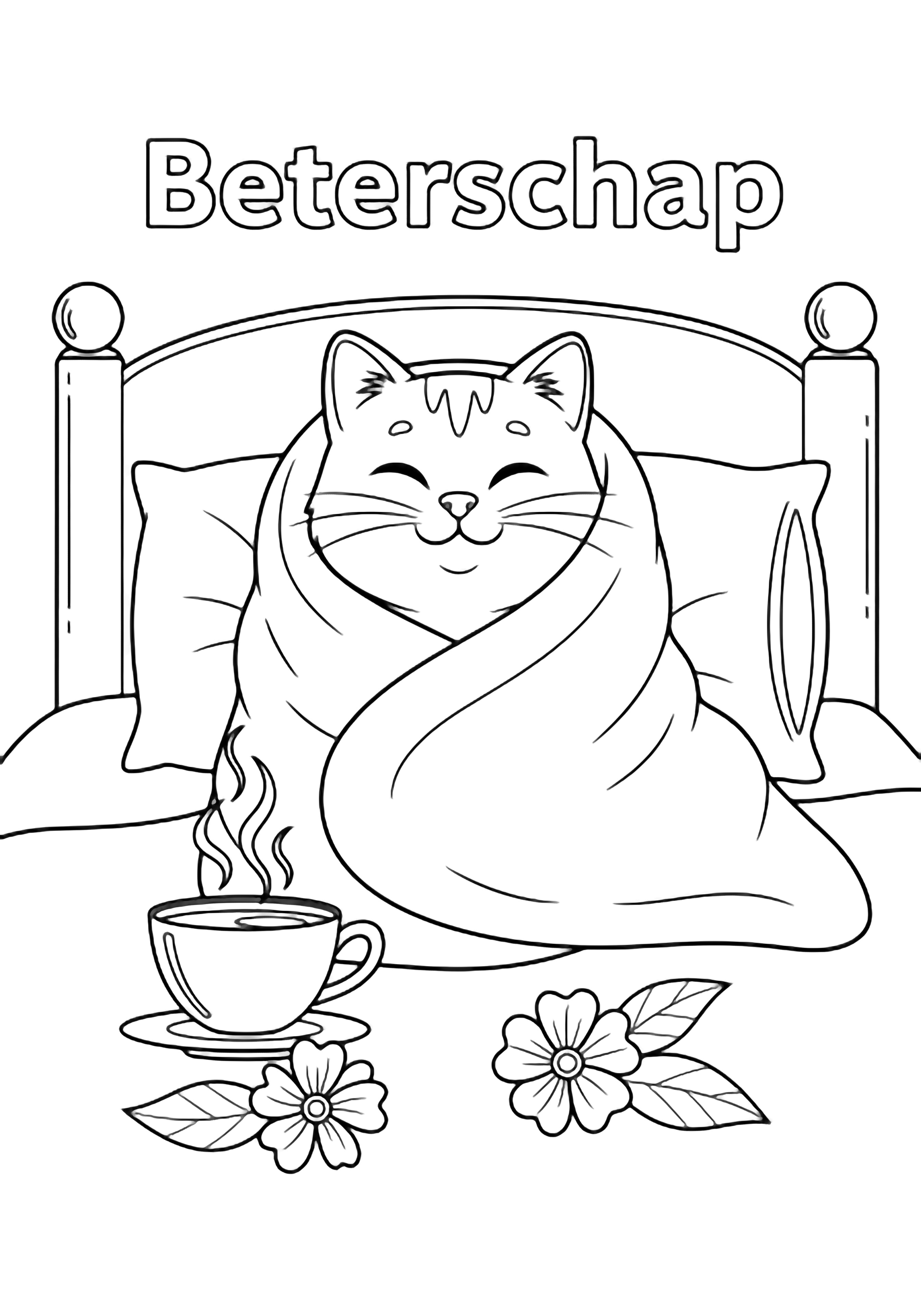 A smiling cat wrapped in a blanket lies on a bed; beside it a teacup, two simple flowers, and the word "Beterschap". kleurplaat