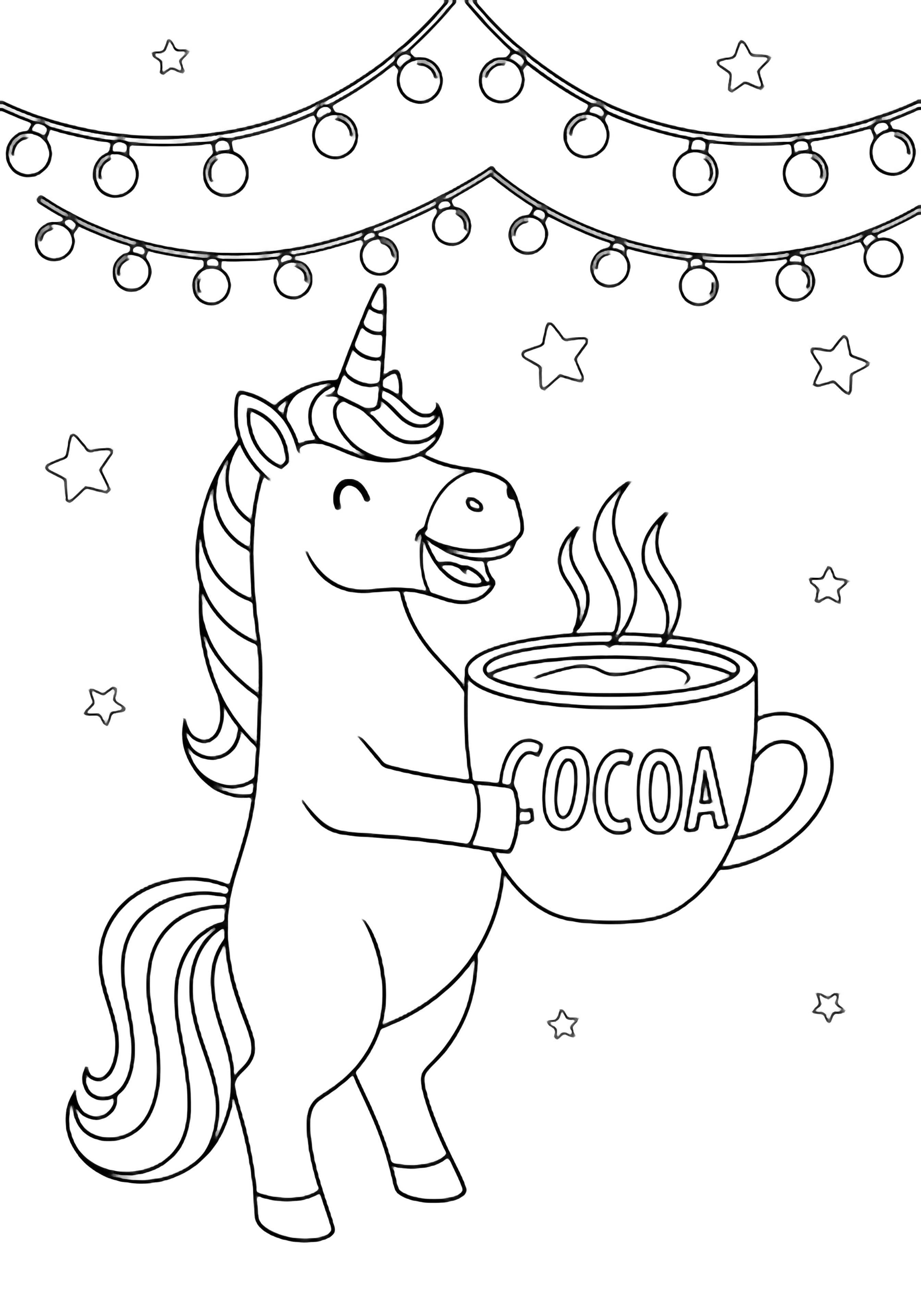 Een vrolijk eenhoogst steiger onder hangende lichtjes, met een dampende mok cacao in de klauwen, terwijl eenvoudige sterretjes eromheen glinsteren. kleurplaat
