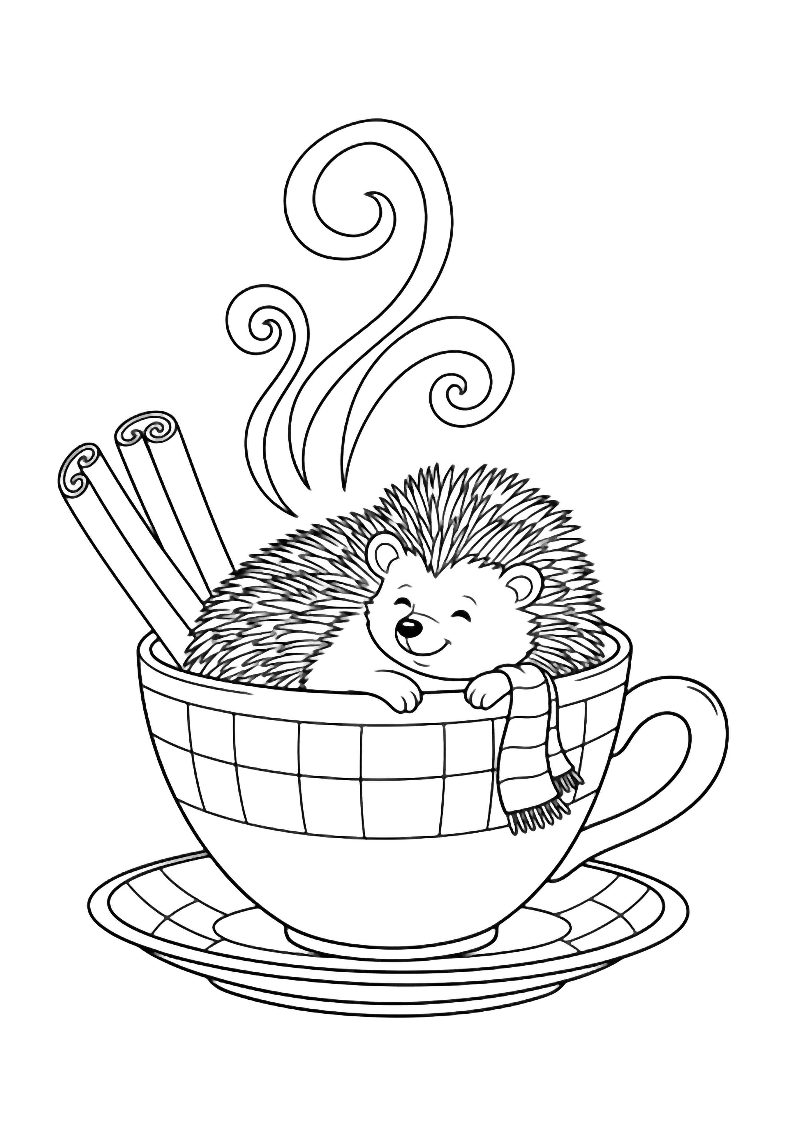 A smiling hedgehog snuggles inside a large teacup wearing a tiny scarf; three cinnamon sticks rest nearby with steam curling above a checkered saucer. kleurplaat