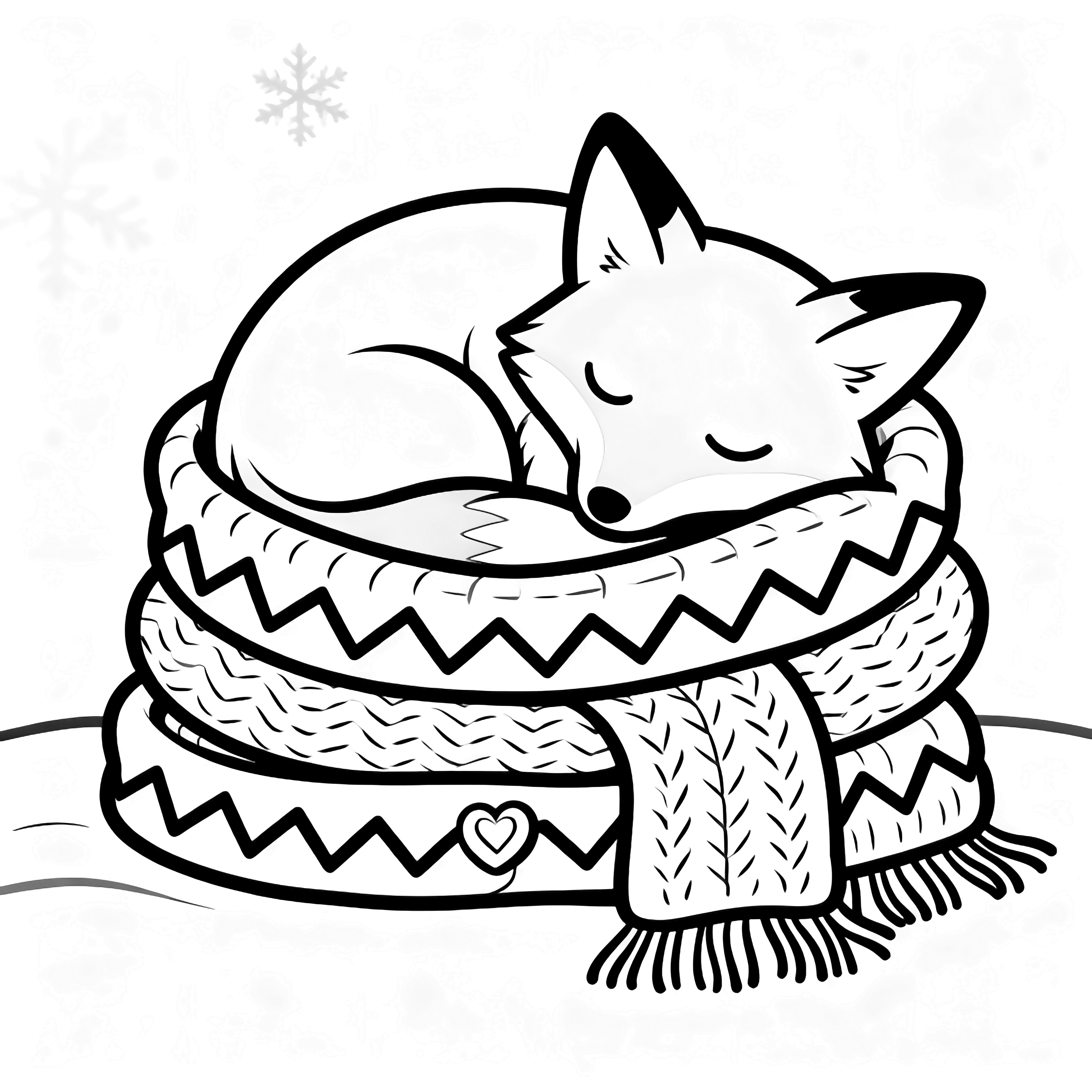 A sleeping fox curled up, wrapped in layered knitted scarves with zig-zag patterns, loose threads, and a heart-shaped button, surrounded by snowflakes. kleurplaat