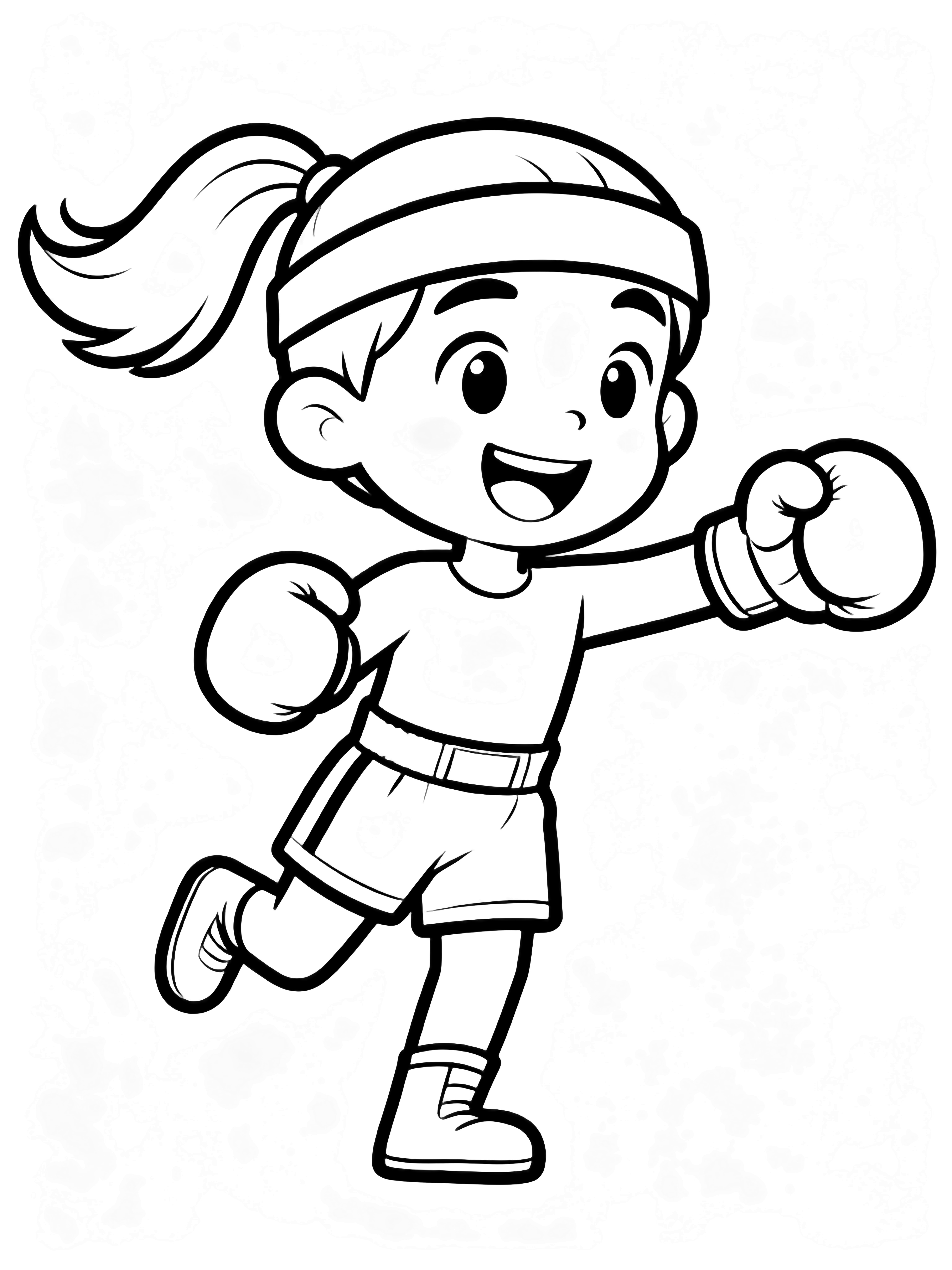 A joyful child boxer with a ponytail and headband, oversized gloves, one fist thrust forward and one foot lifted mid-action. kleurplaat