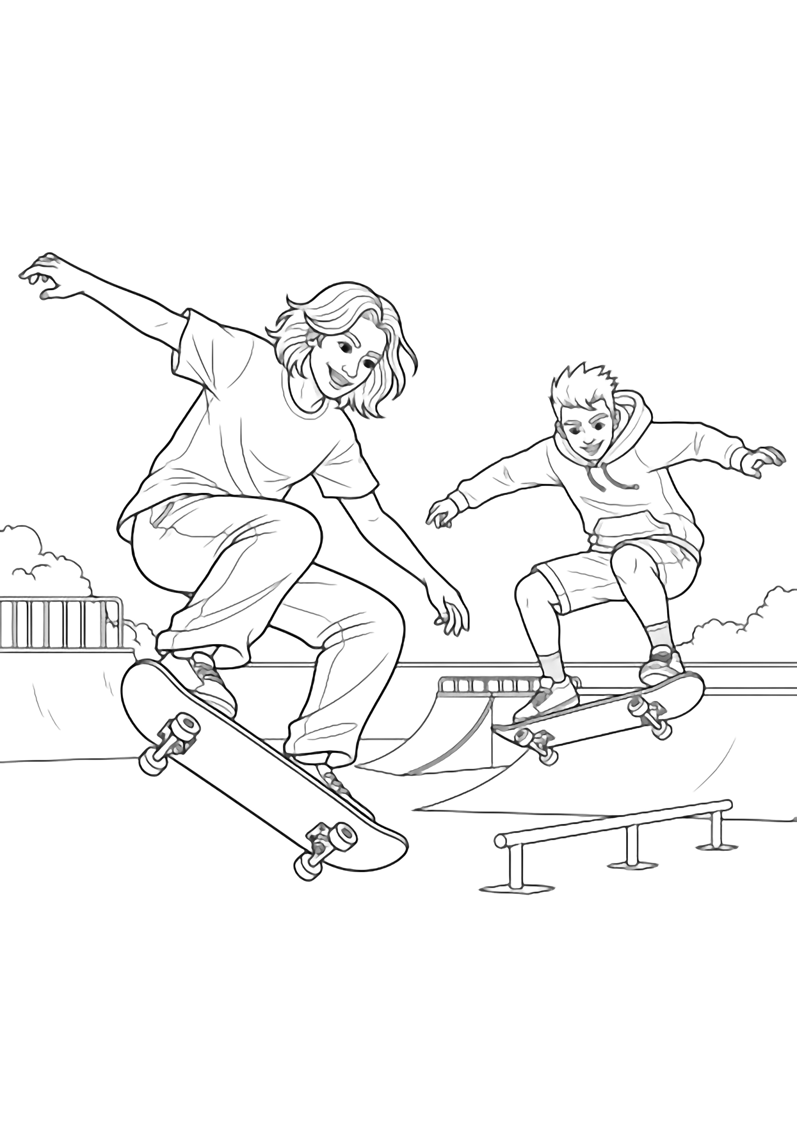 Two happy adults ride skateboards in a skatepark; one flies in an airwalk, the other does an ollie. kleurplaat
