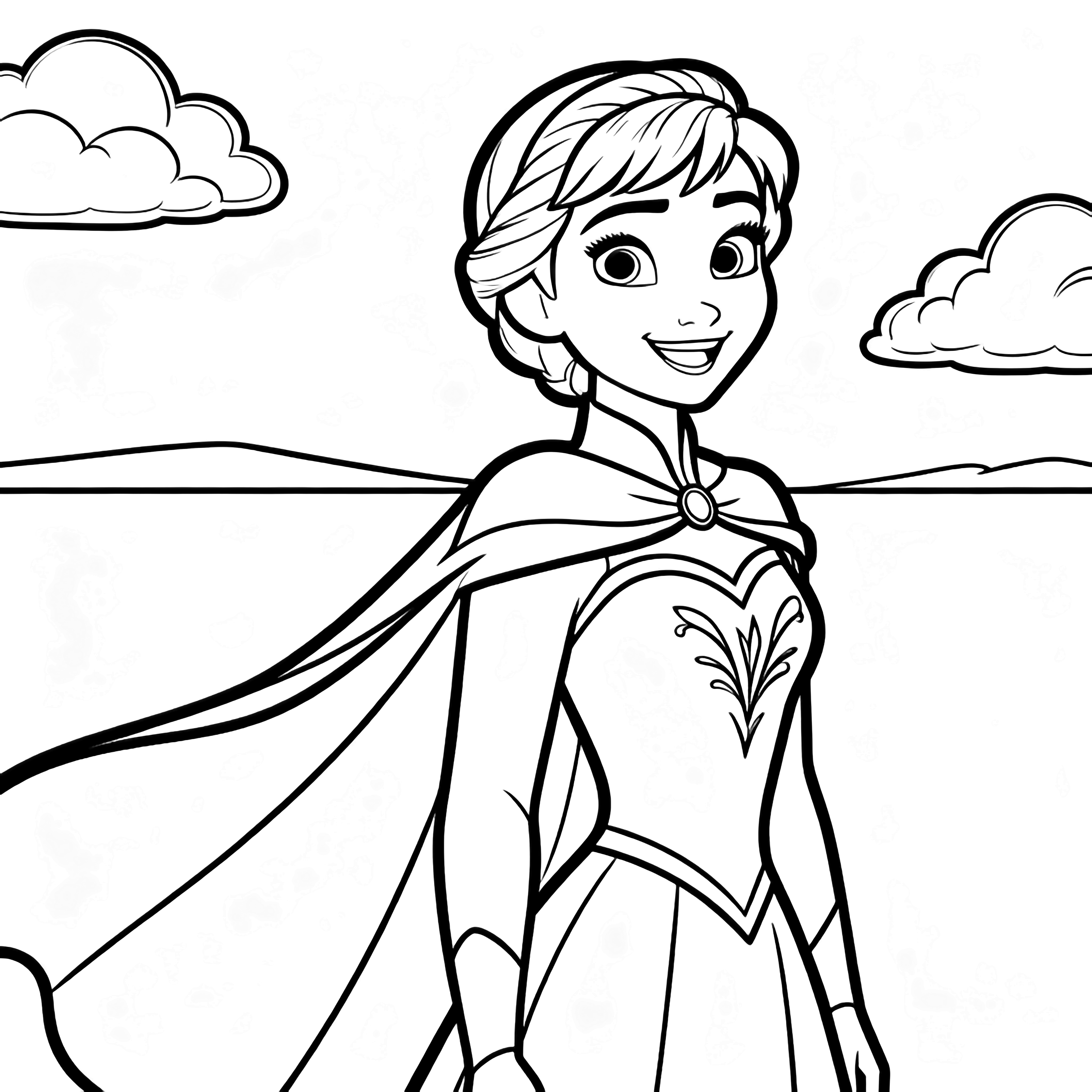 Anna smiling, cape fluttering, simple skyline and two fluffy clouds behind her. kleurplaat