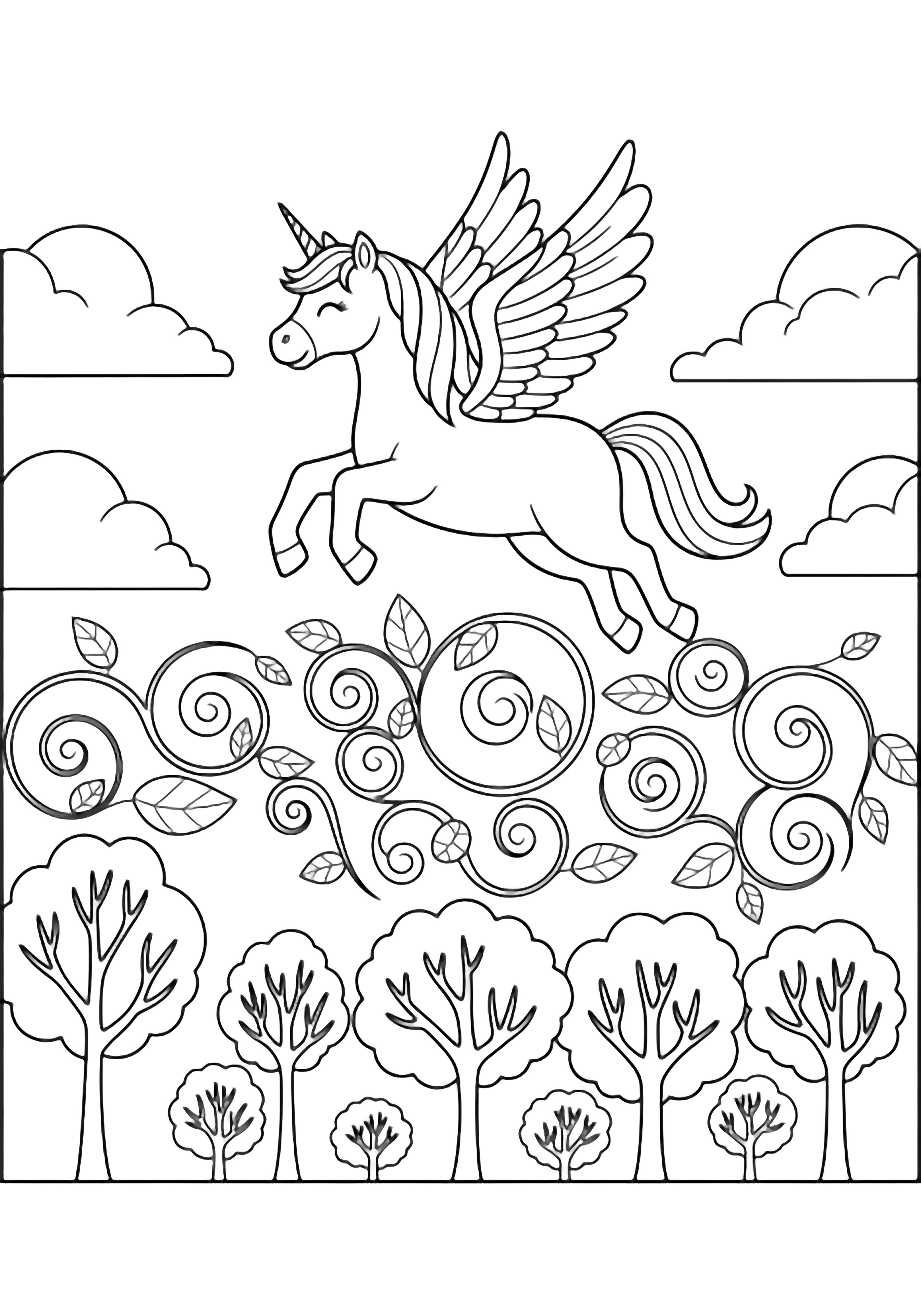 A smiling winged unicorn glides above swirling autumn leaves, hovering over a sparse forest of bare trees beneath soft clouds. kleurplaat