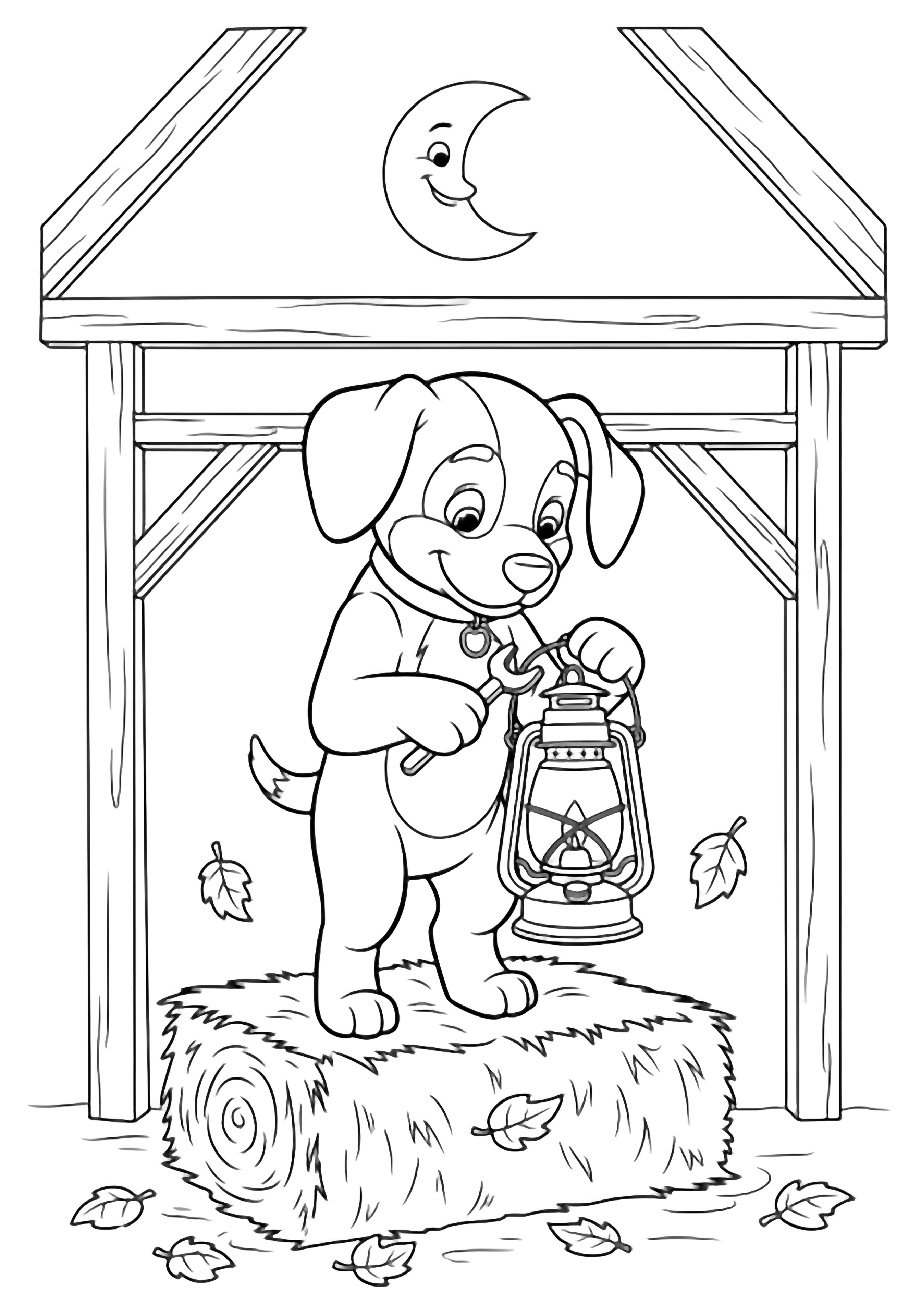 Rocky the puppy stands on a hay bale fixing an old lantern, autumn leaves at his paws, barn beams and a smiling moon above. kleurplaat