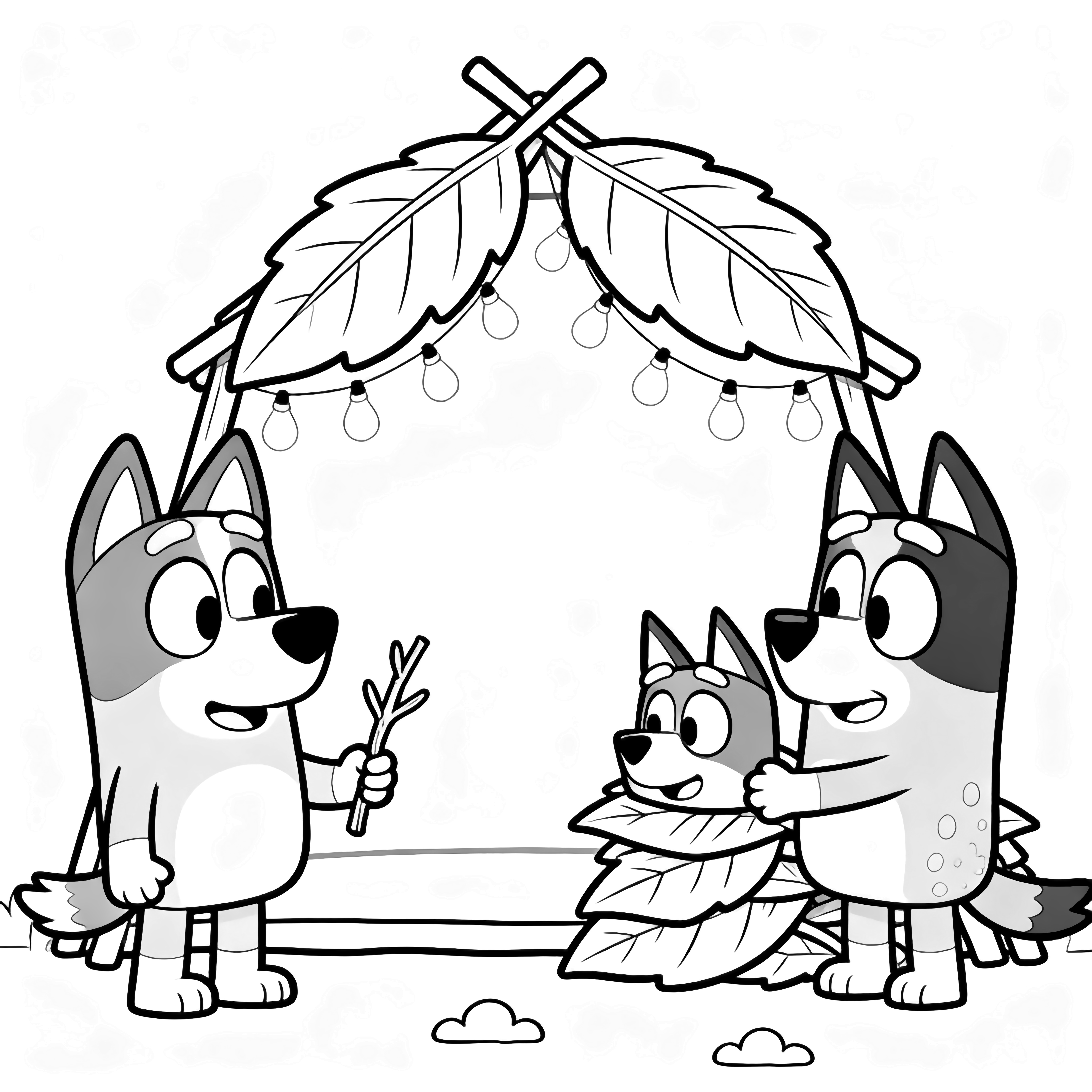 Chase holds a twig while Bluey and Bingo build a leaf fort; fairy-light shapes hang inside, a ground line and three small clouds complete the scene. kleurplaat