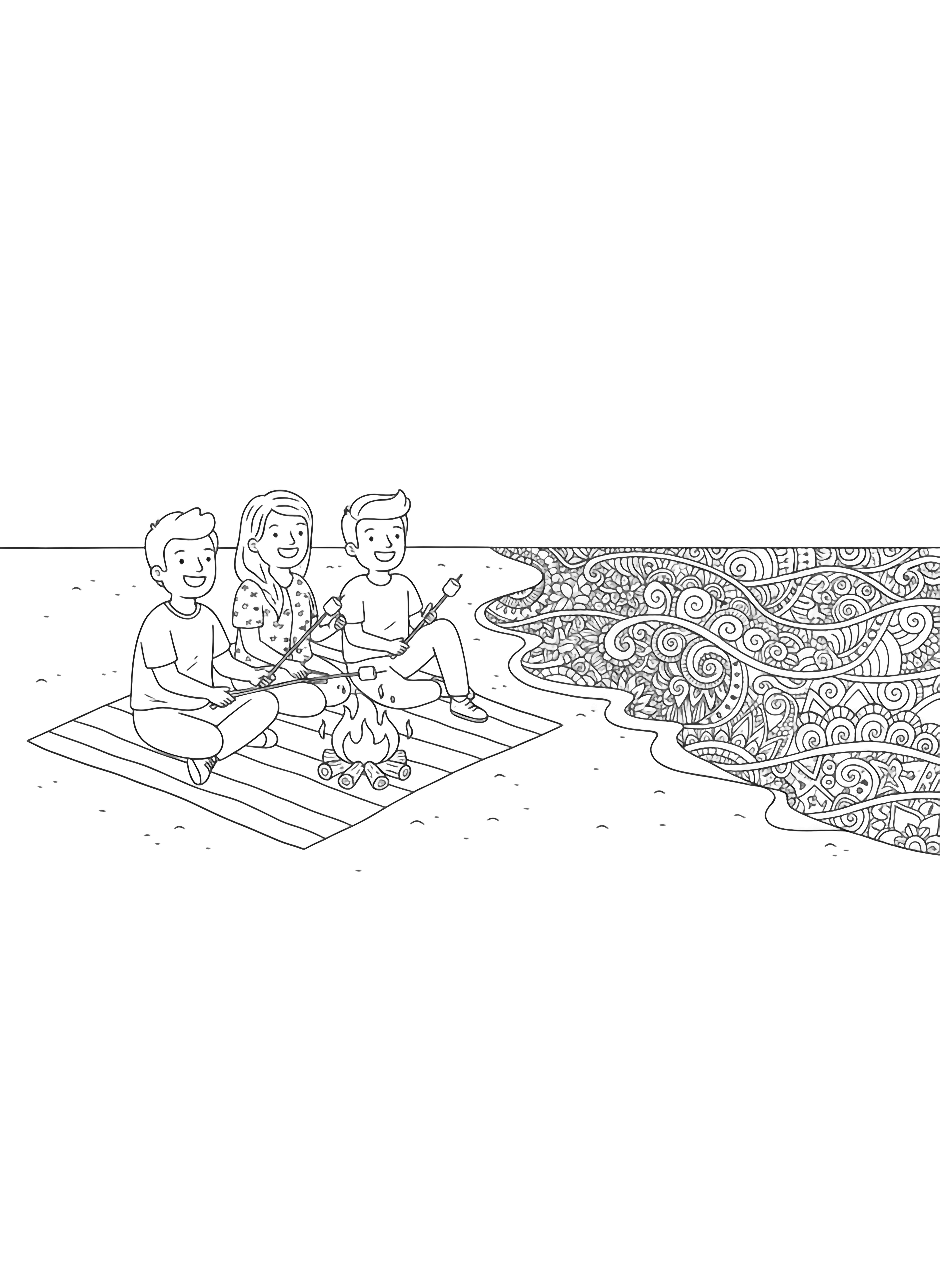 A black and white page showing three happy friends sitting on a blanket around a small crackling beach campfire The friends are roasting marshmallows on sticks while gazing out at the ocean waves The sea is decorated with beautiful Mandela pattern waves intricate mandala style spirals dots and geometric shapes that flow within clean black and white line drawing minimal shading no colour no fill kleurplaat