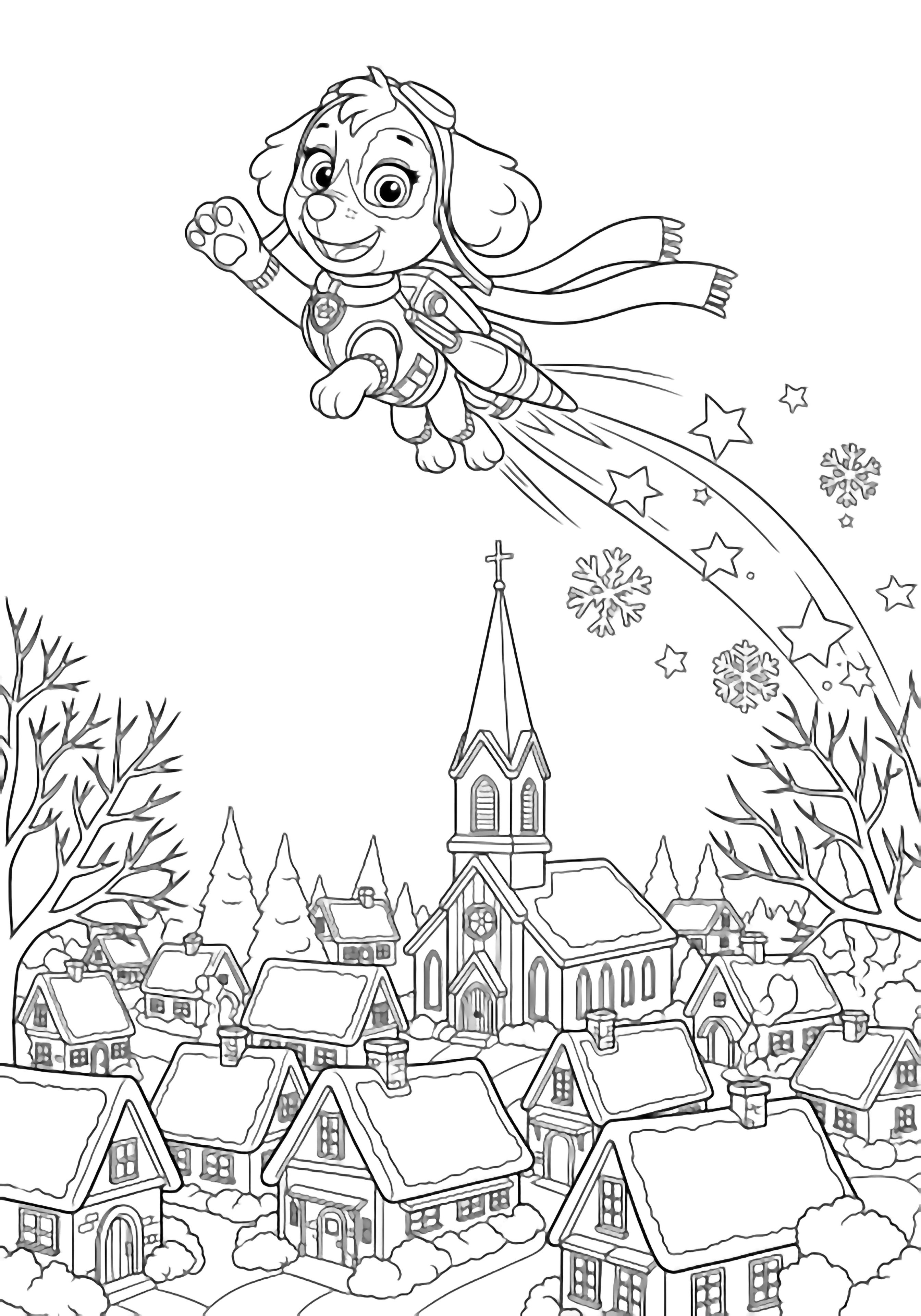 illustratie van Skye die boven een gezellig dorp met witte dakpannen cirkelt; haar jetpack trekt eenvoudige sterren terwijl ze zwaait, sjaal wapperend, sneeuwvlokjes dwarrelend rond een kerktoren en kale bomen, alles in dikke open lijnen klaar om in te kleuren, schoon zwart kleurplaat
