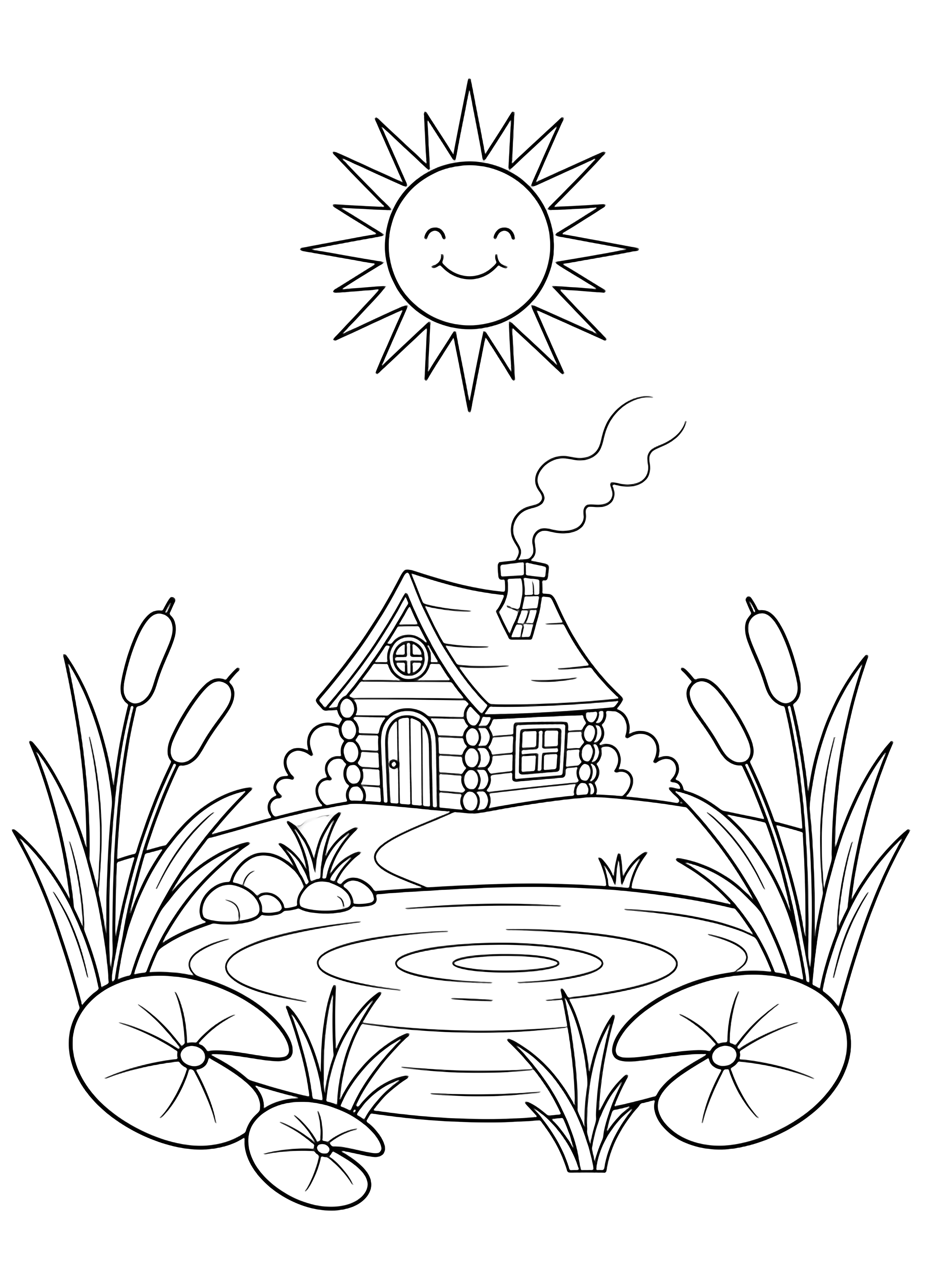 Tiny crooked-chimney cabin beside a calm pond, cattails and big floppy leaves at edges, rippled water, smiling sun overhead. kleurplaat