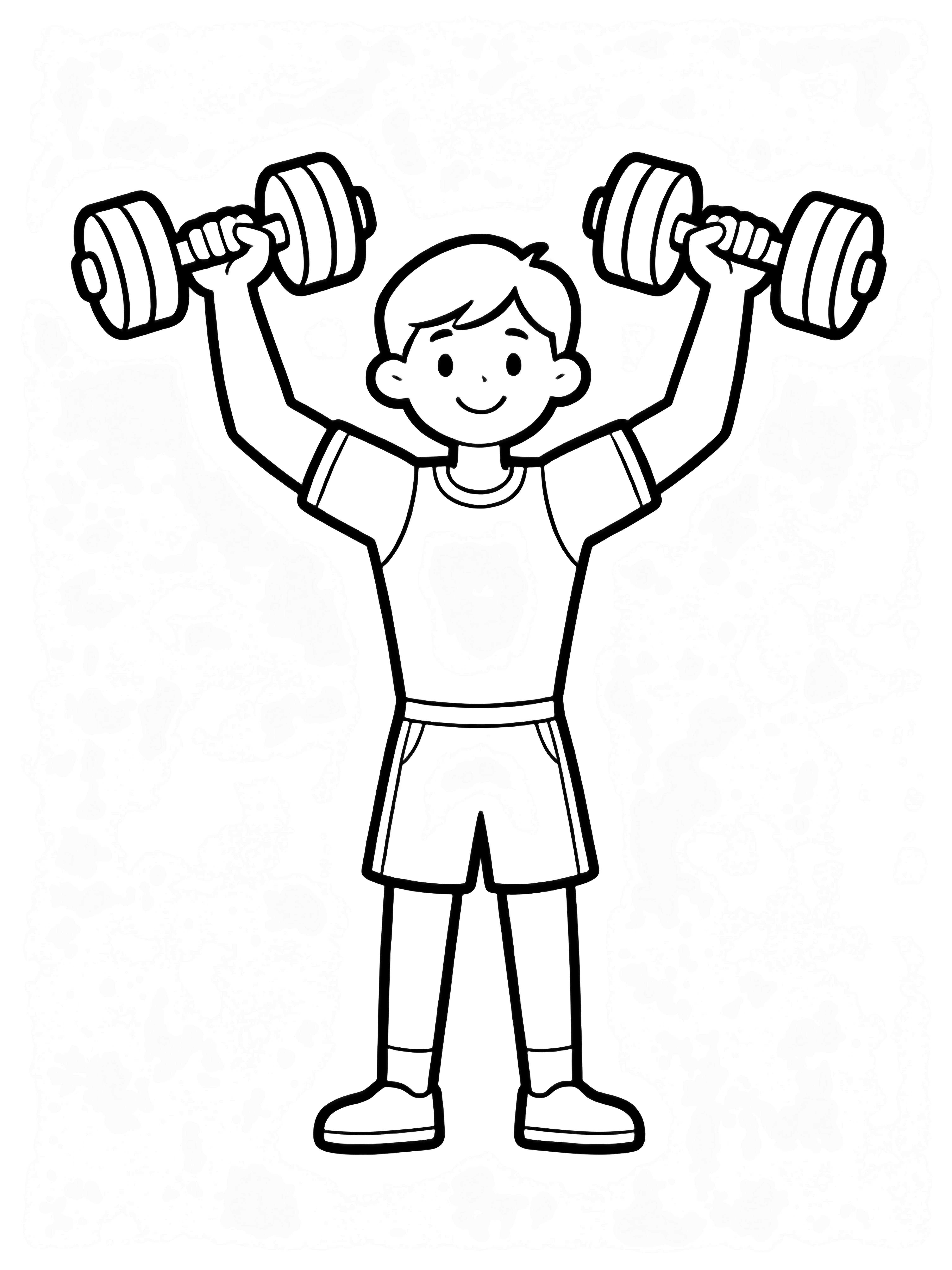 Smiling person stands center-page lifting dumbbells overhead; arms bent, legs straight, simple gym clothes kleurplaat