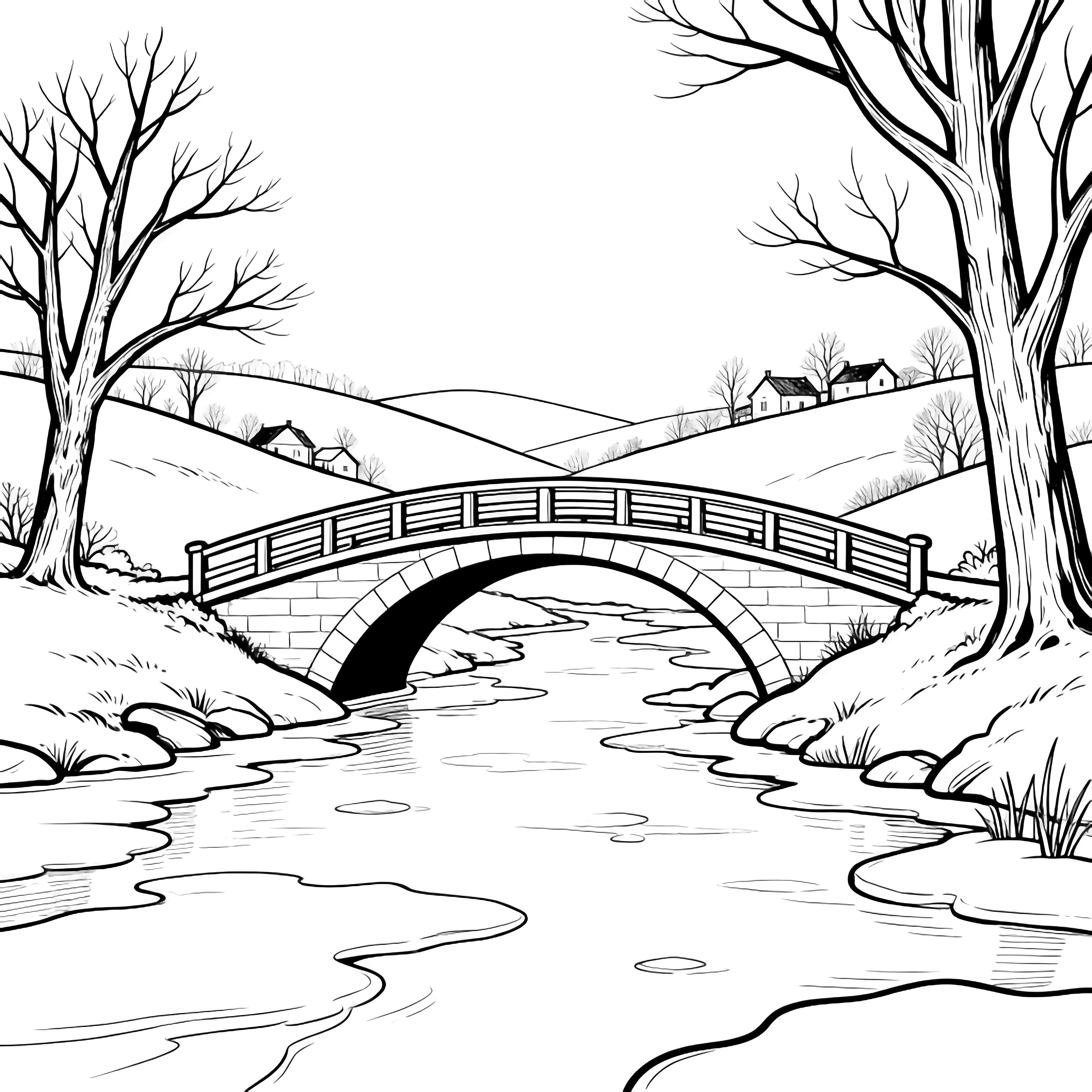 A simple arched bridge crosses a frozen stream, with bare trees, gentle hills, and distant cottages framing the scene. kleurplaat