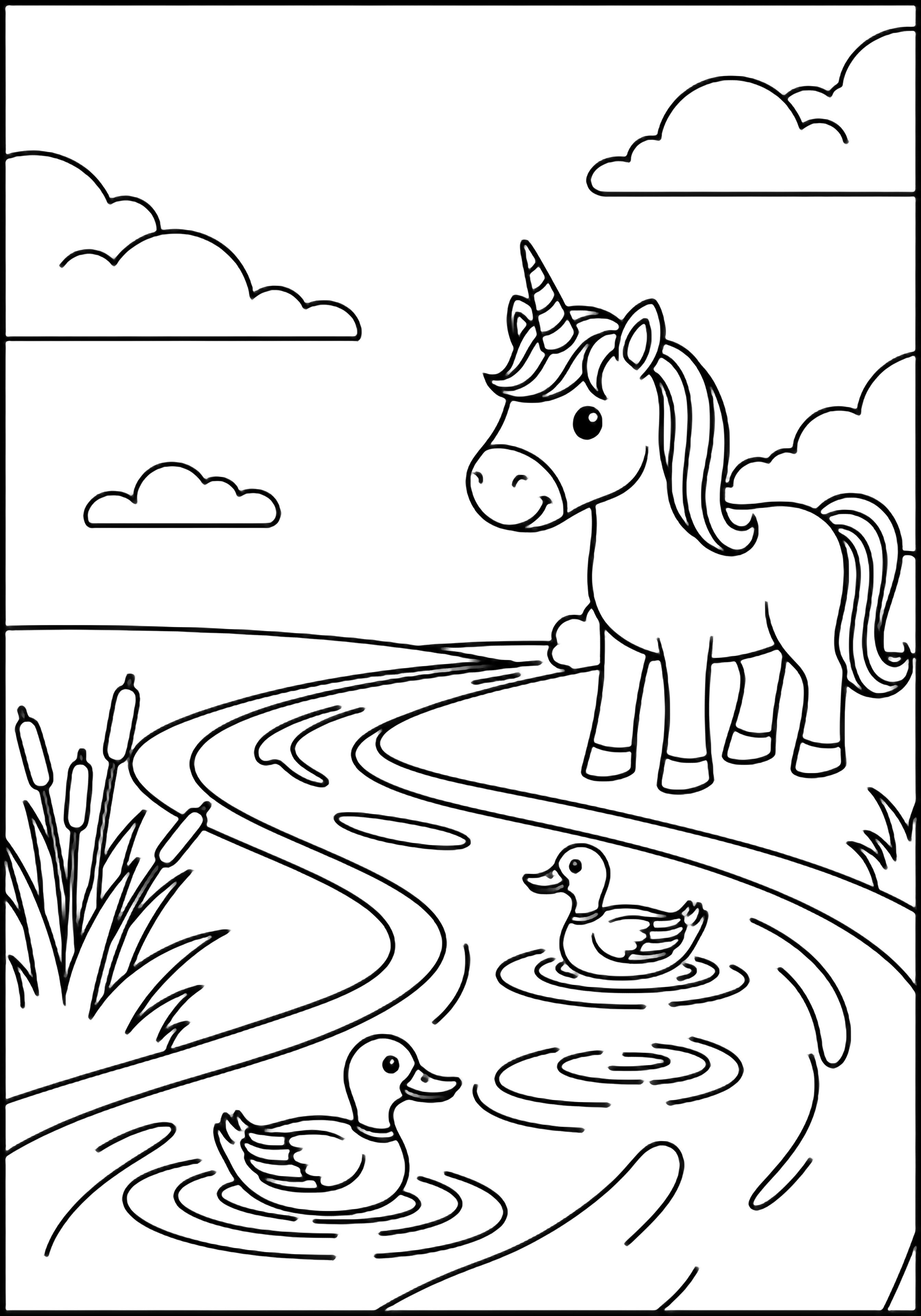 A smiling unicorn stands beside a curved river; two ducks drift on oval ripples, clouds and reeds nearby. kleurplaat