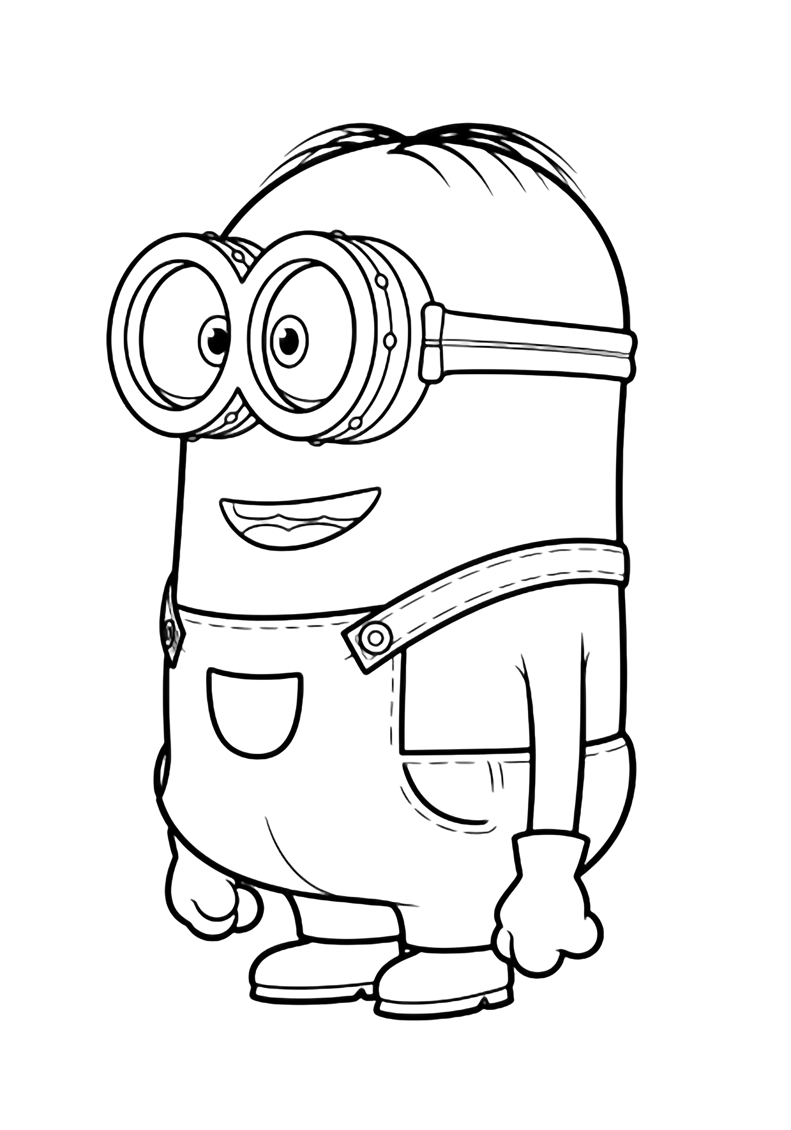 A cheerful Minion in profile, wearing goggles, overalls, gloves, and boots, smiling. kleurplaat